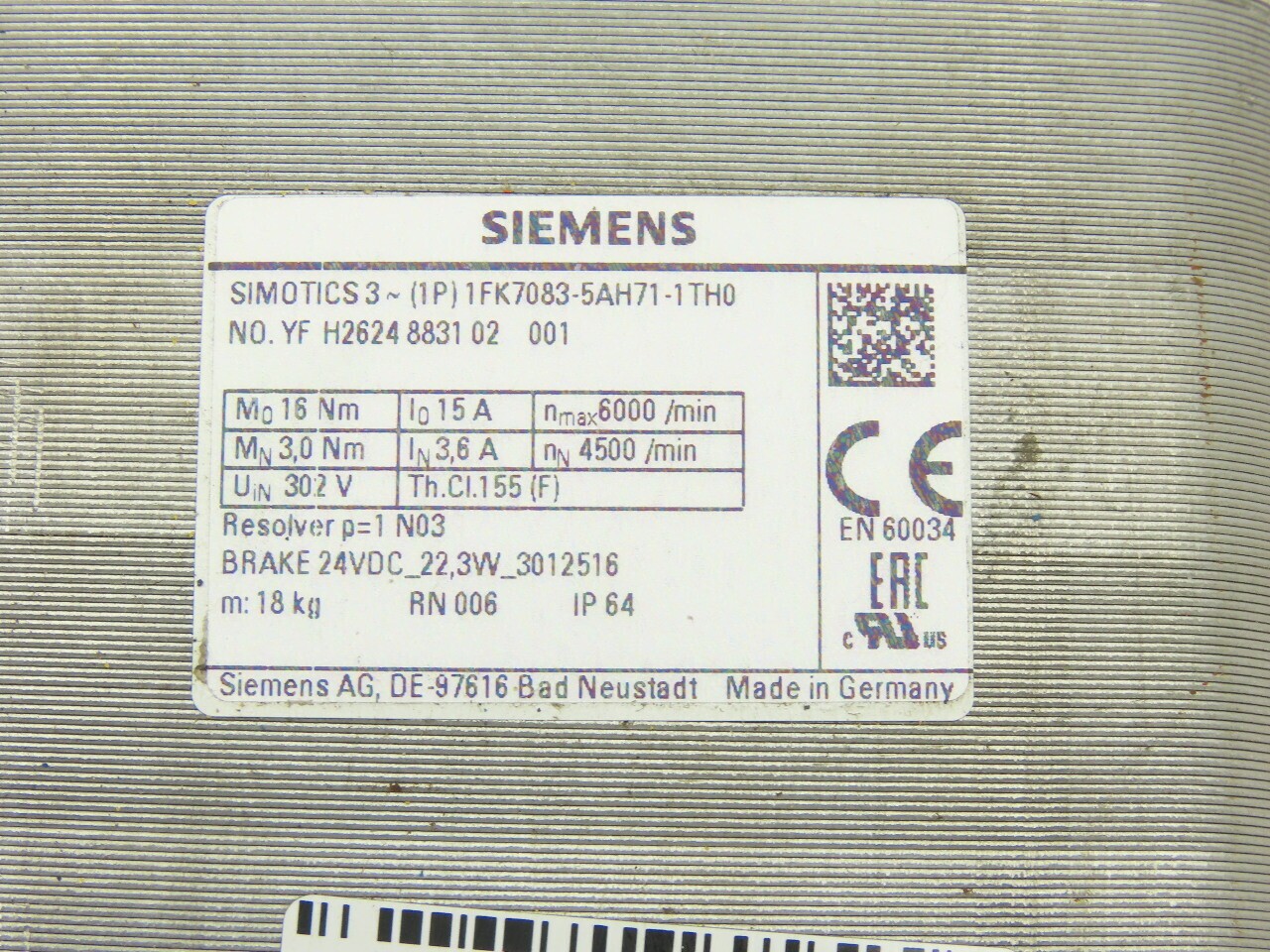 Siemens 1FK7083-5AH71-1TH0 302V 6000RPM 15A Servo Motor 24V Brake