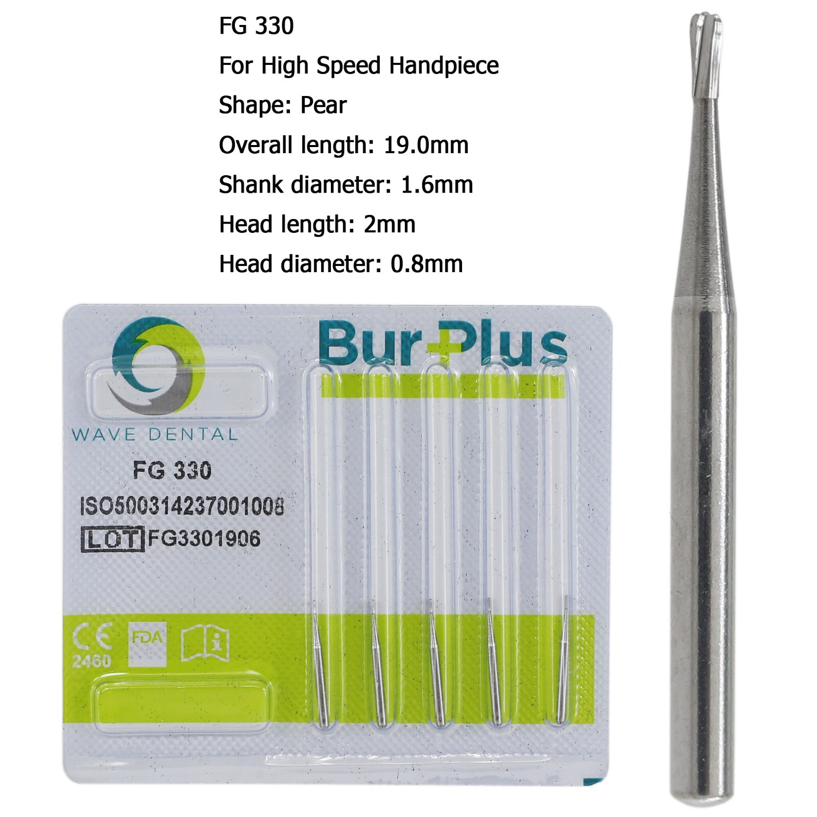 Wave Dental Carbide Burs FG 330 245 High Speed Pear Domed Fissure Friction Grip