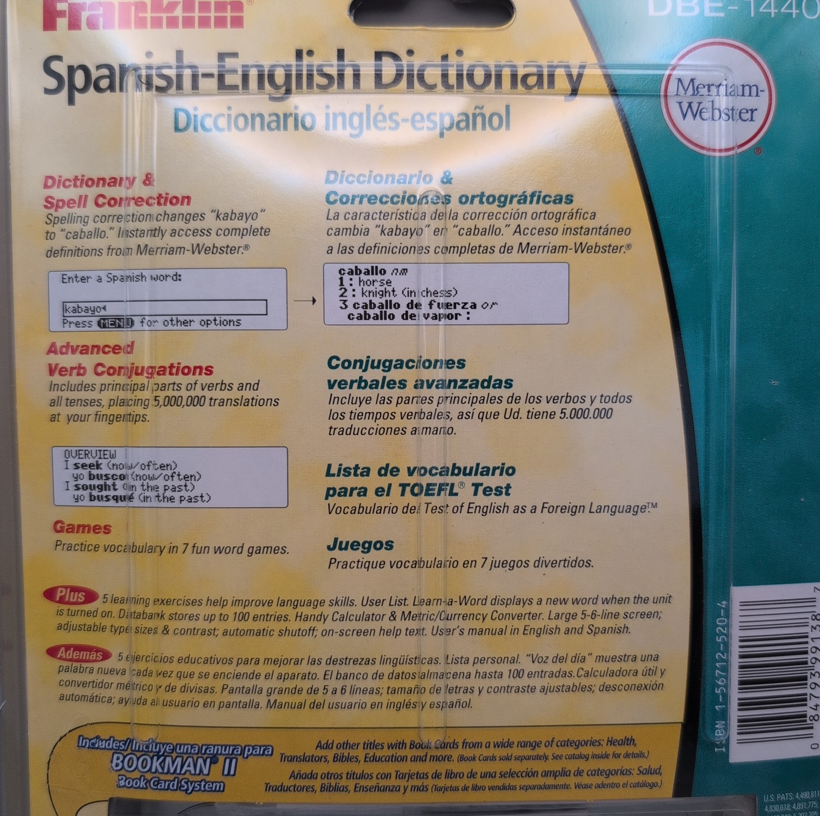 Franklin Spanish-English Dictionary Merriam-Webster Model DBE-1440 New Bookman
