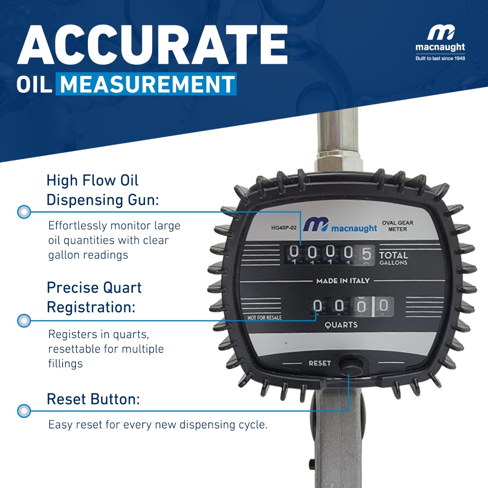 Macnaught Pneumatic Oil Gun with Mechanical Meter, 1/2″ NPT, for Oils & Fluids