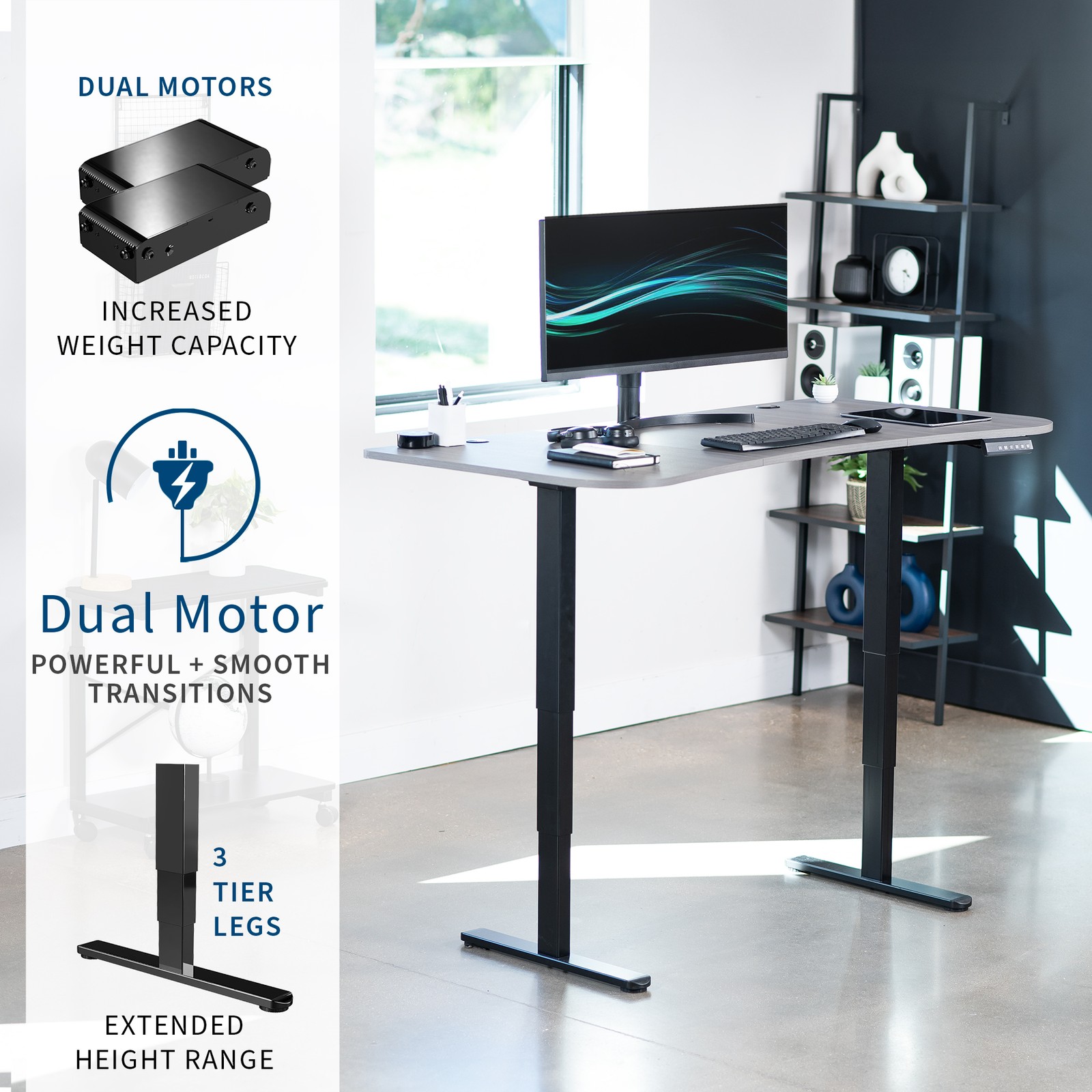 VIVO Electric 63″ x 32″ Stand Up Desk, Dark Gray Table Top, Black Frame
