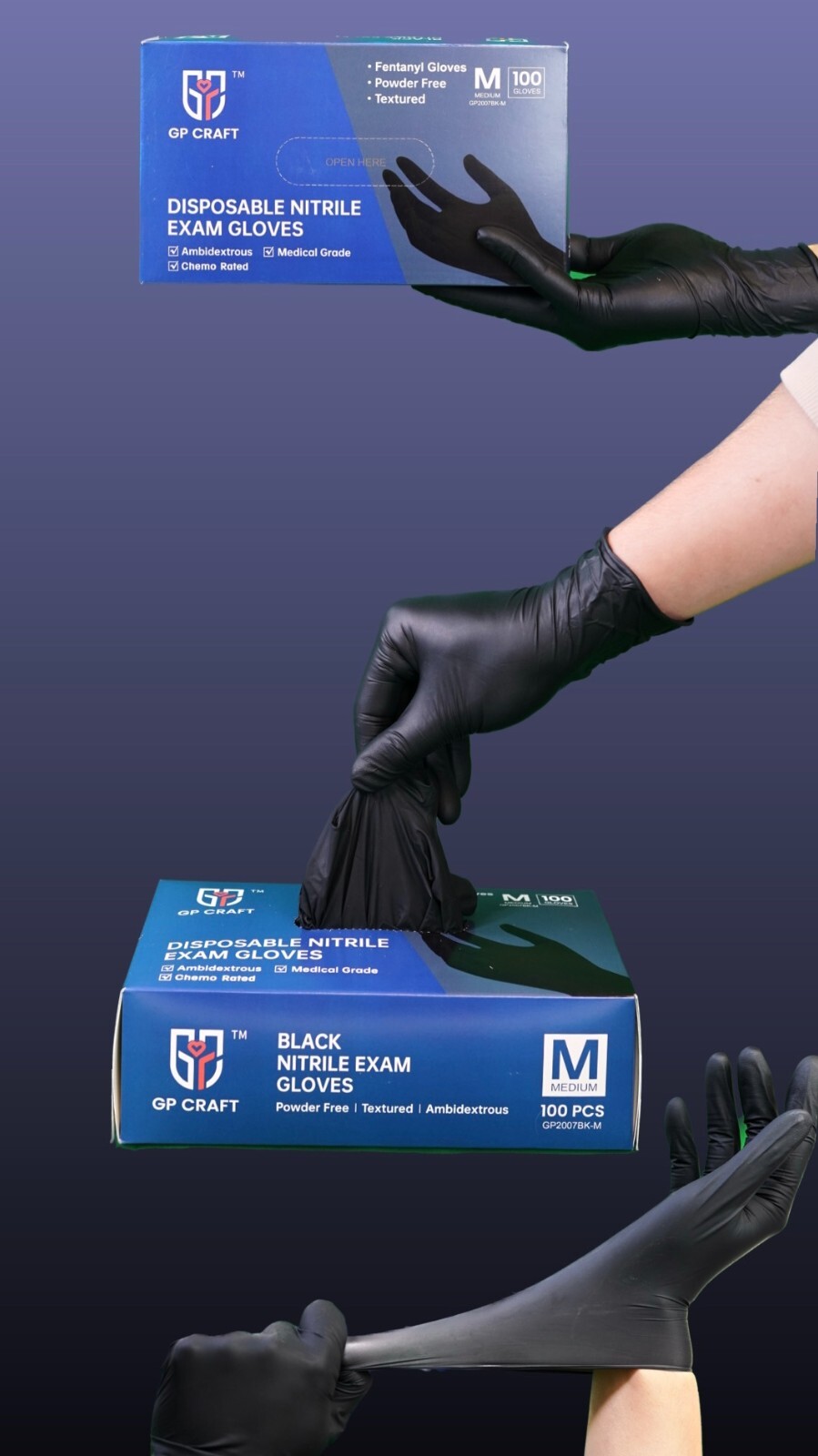 GP CRAFT Nitrile Gloves, 5 Mils, Medical, Fentanyl Resistant, Black,Case of 1000