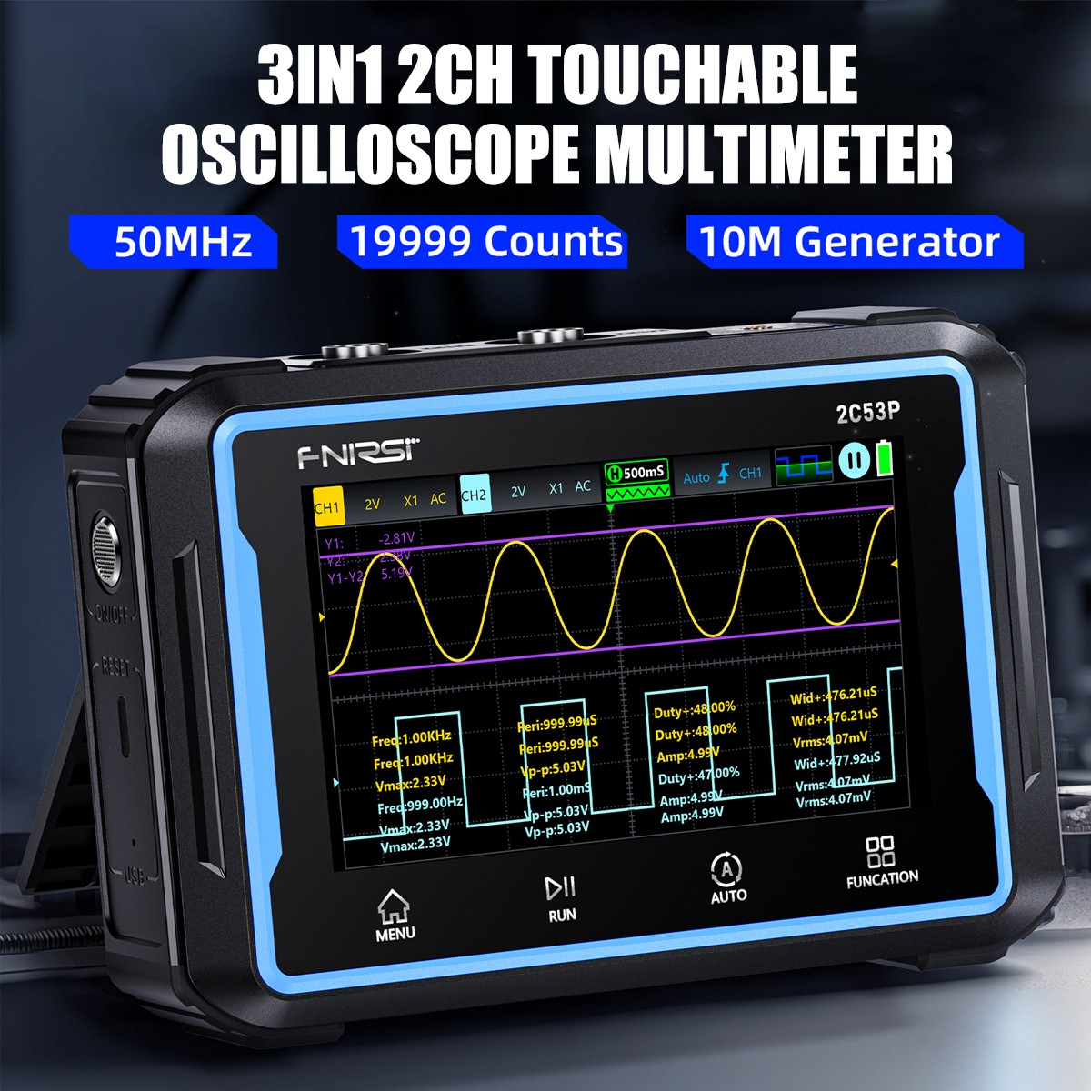 3-in-1 FNIRSI-2C53P LCD 2 Channel Signal Generator Digital Storage Oscilloscope
