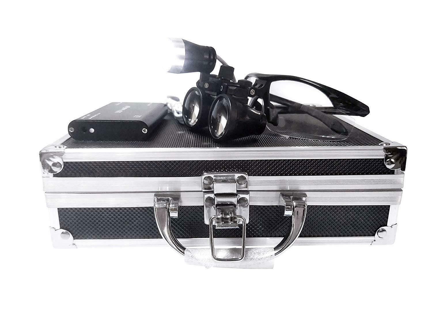 Dental 3.5X Binocular Loupes + 3W LED Head Light + Aluminum Box Black US STOCK