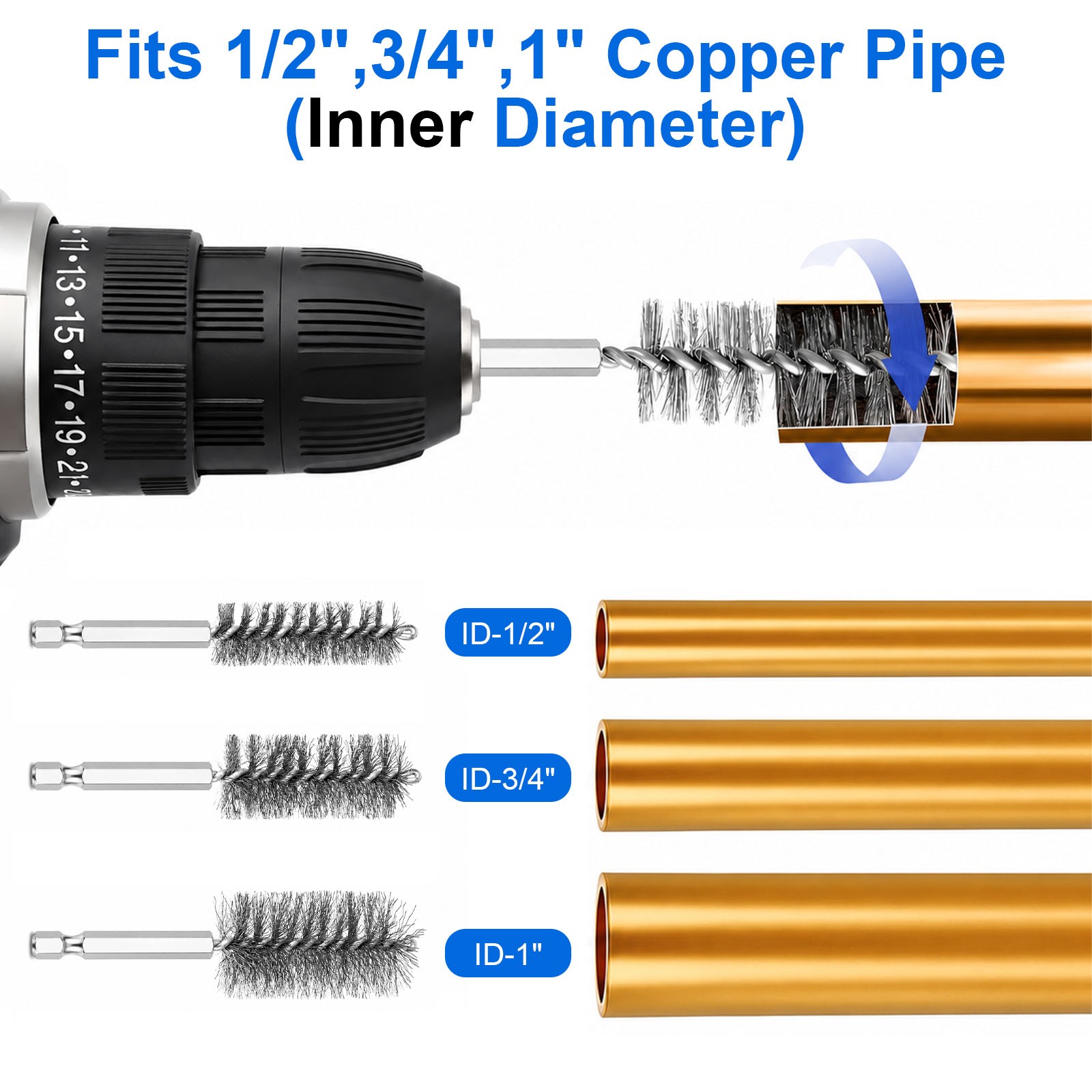 9PCS Copper Pipe Cleaner for Drill Set 1/2″ 3/4″ 1″ Plumbing Cleaning Brush Kit