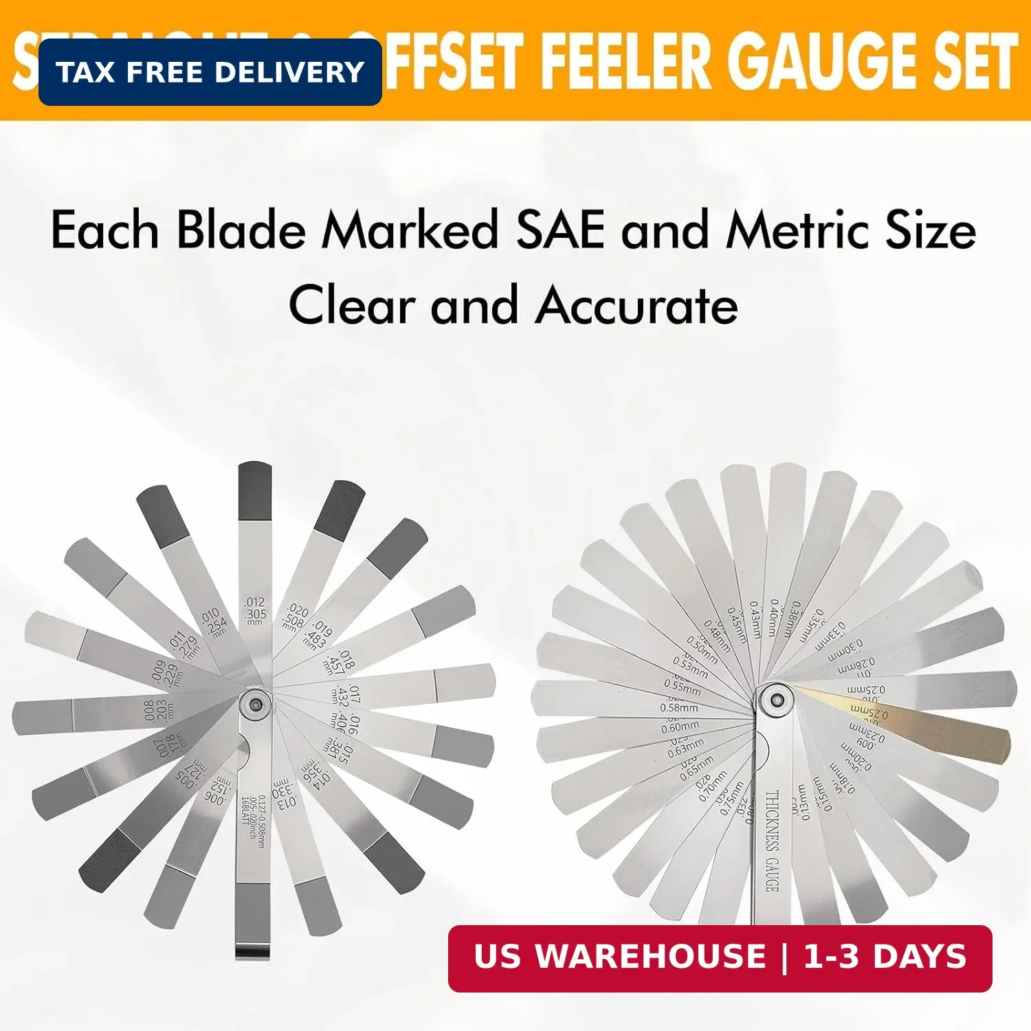 2PCS Feeler Gauges Set Stainless Steel Straight & Angled Thickness Gauge Tool SA