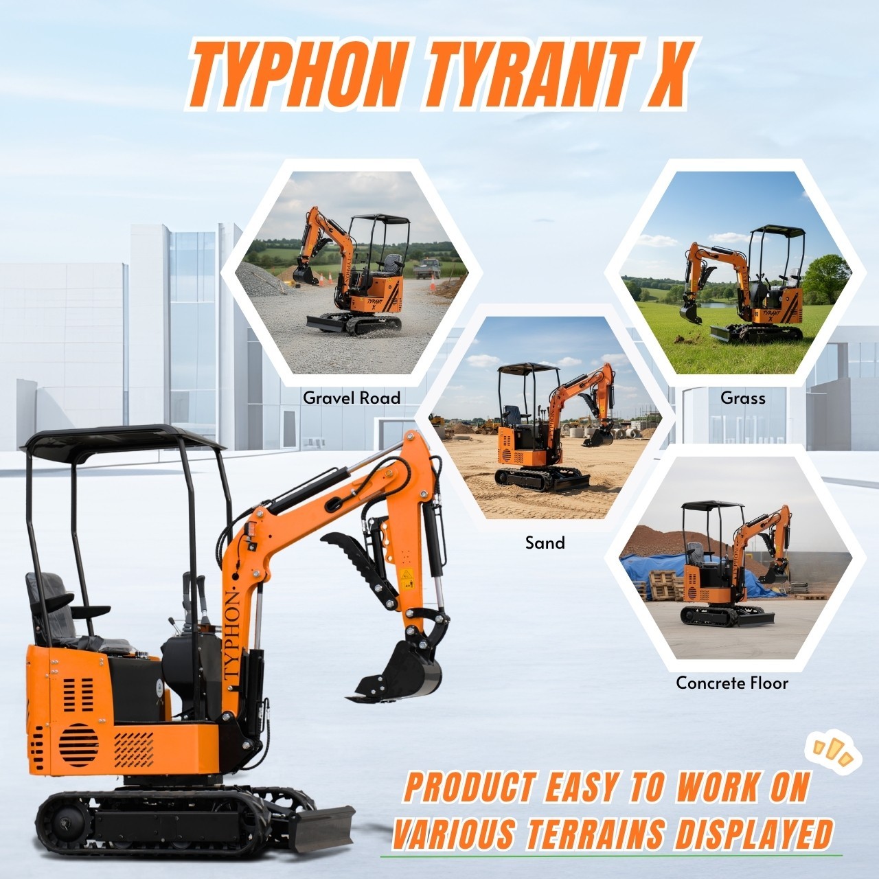 Free Ship TYPHON TYRANT X 1Ton Mini Excavator USA 13.5HP include 12 Attachments