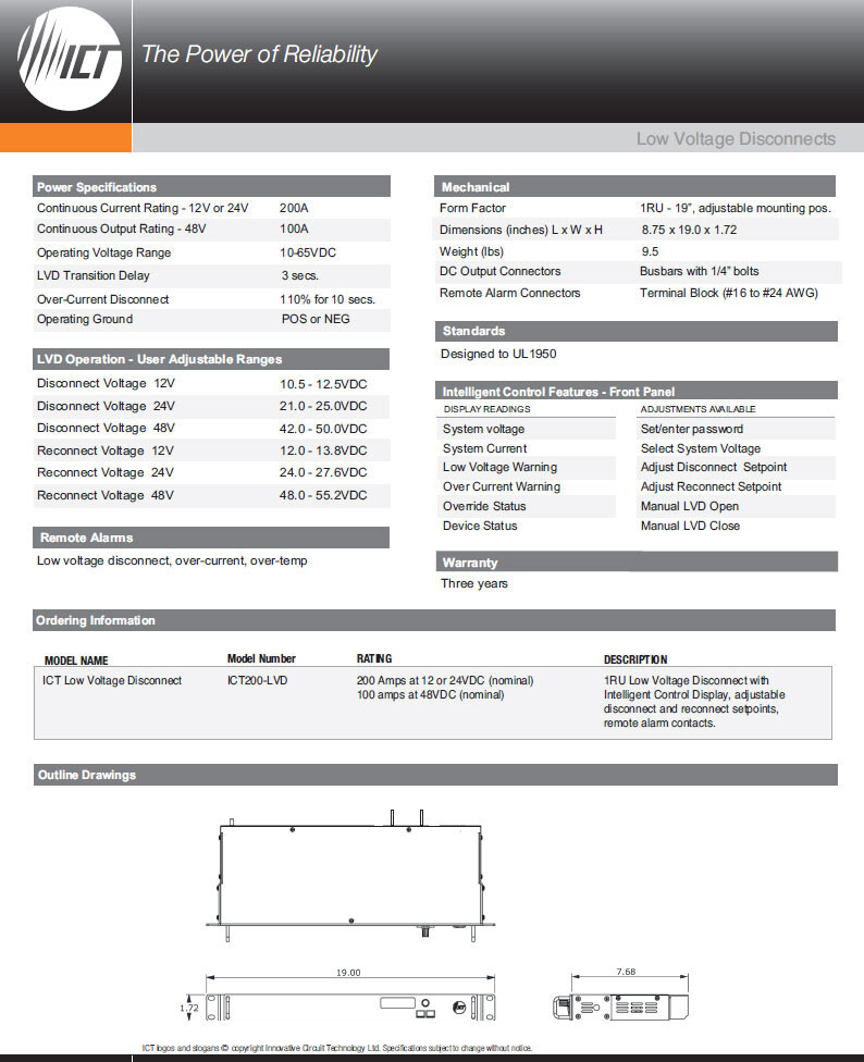 ICT New ICT200-LVD Low Voltage Disconnect 100/200 Amp Intelligent 1RU System LVD
