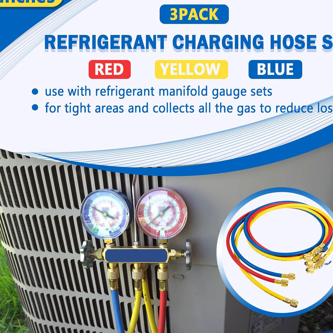 3 Pack 29986 Plus II 1/4″ Red Blue Yellow Charging Hose Compact Ball Valve 72″