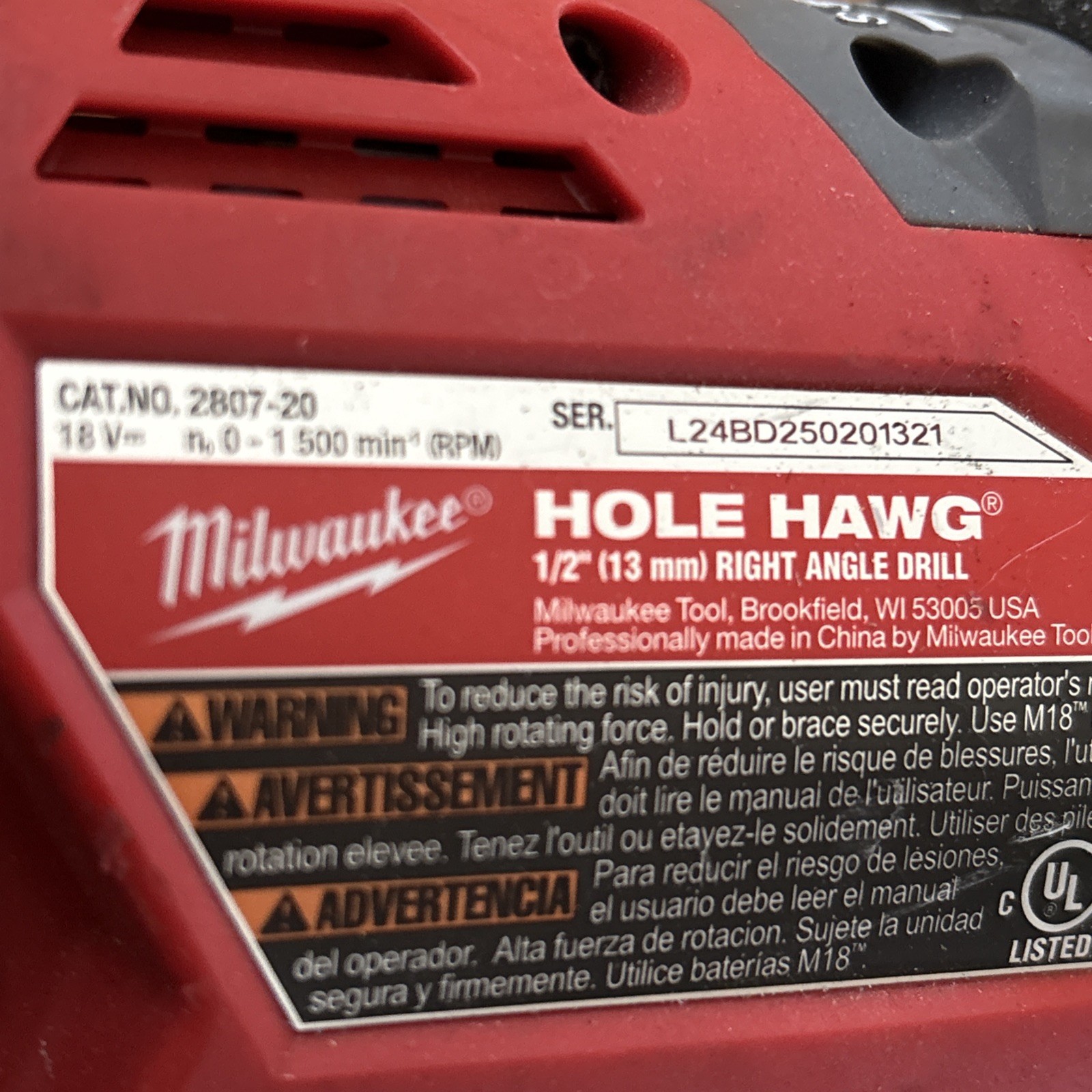 Milwaukee 2807-20 M18 Fuel Hole Hawg Cordless Right Angle Drill