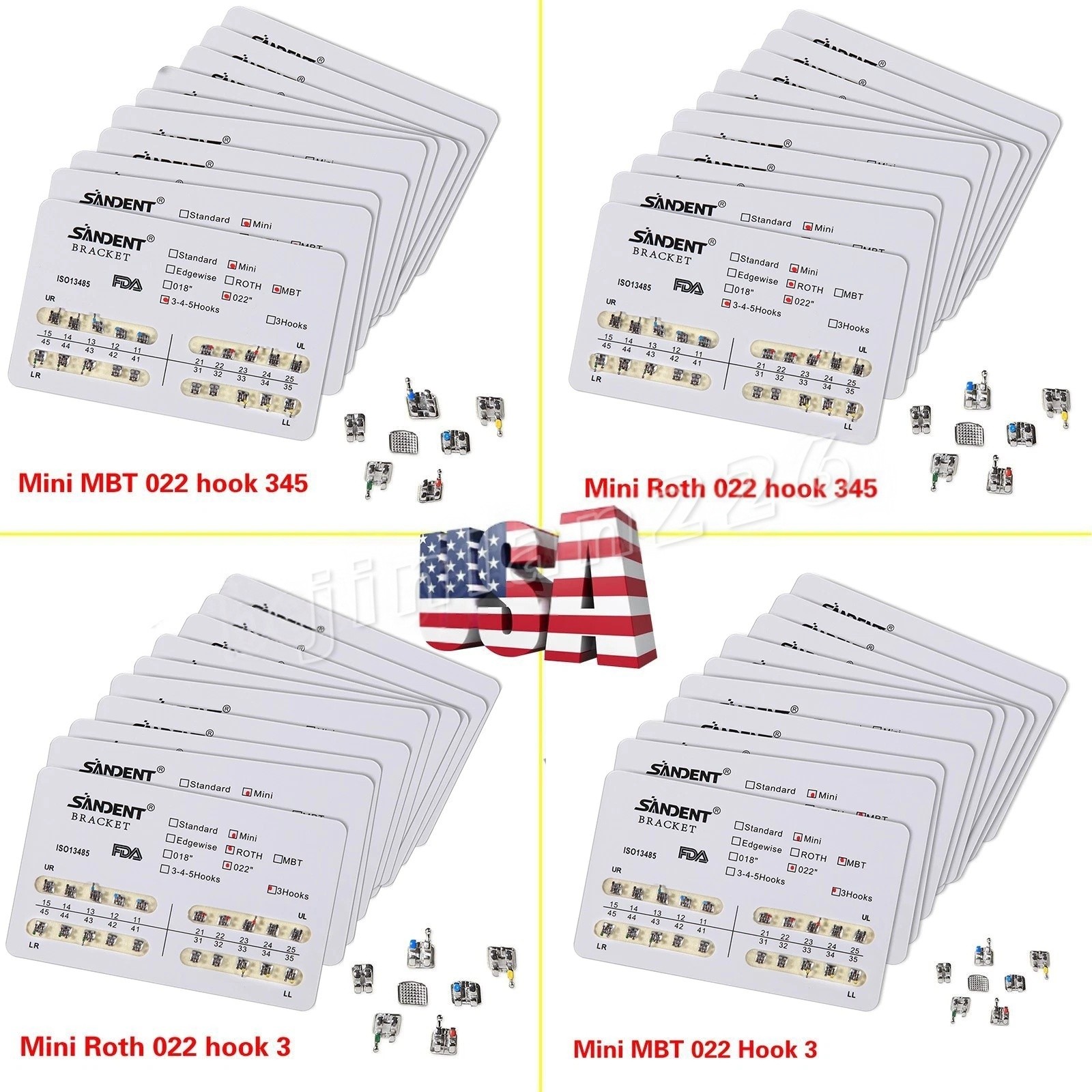 10 Packs Dental Metal Brackets Brace Mini/Standard Roth/MBT Slot.022 3/345 Hooks