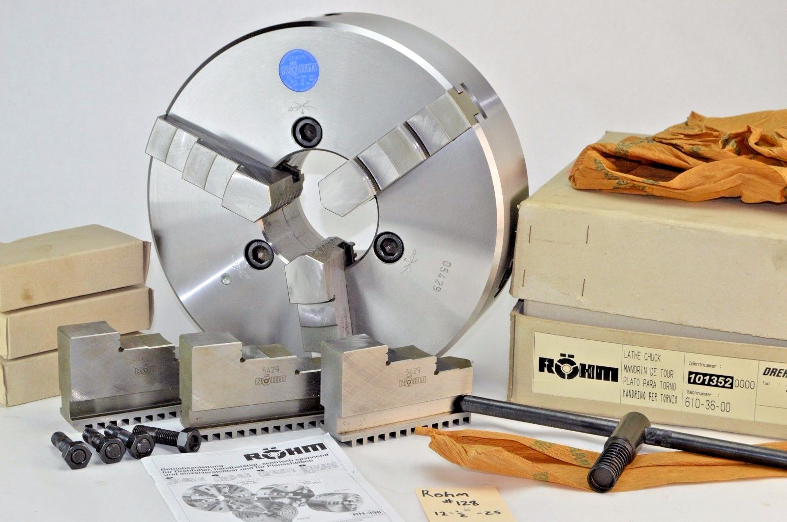 Rohm 3 Jaw ZS 315/3 12-1/2″ Centering Manual Lathe Chuck Steel, Set Spare Jaws