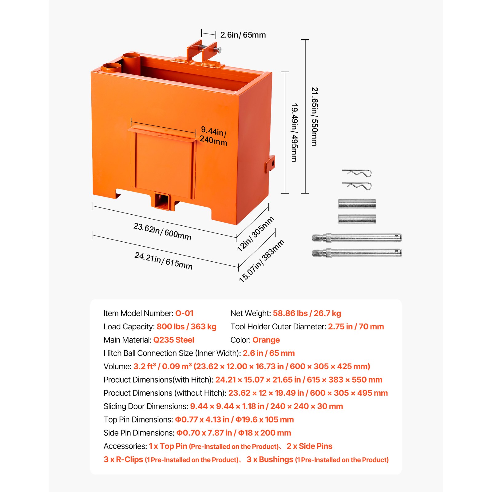 Ballast Box 3 Point Category 1 Tractor Quick Tach Hitch Counterweight Orange