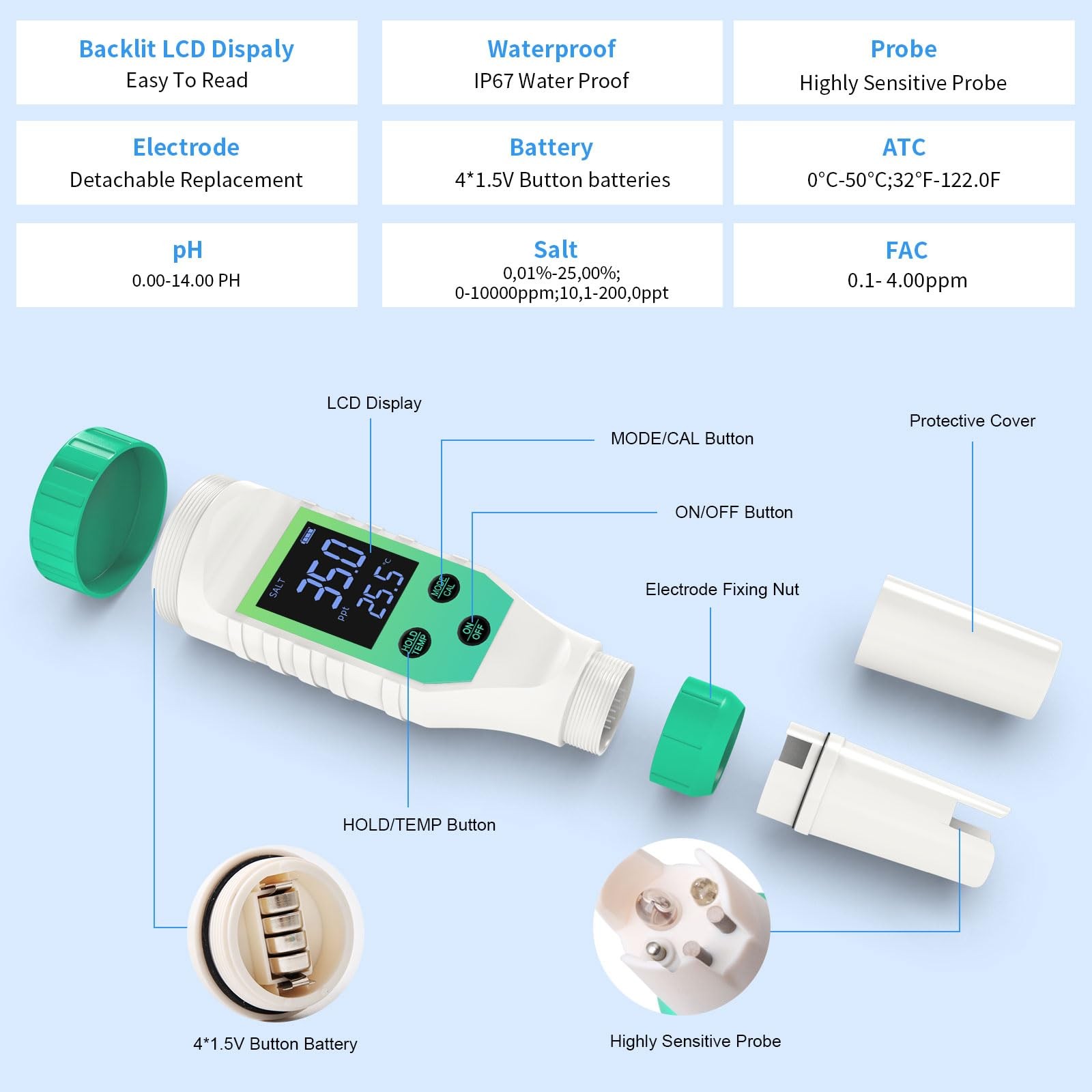 7-in-1 Digital Pool Water Tester for Salt, pH, Chlorine, & More