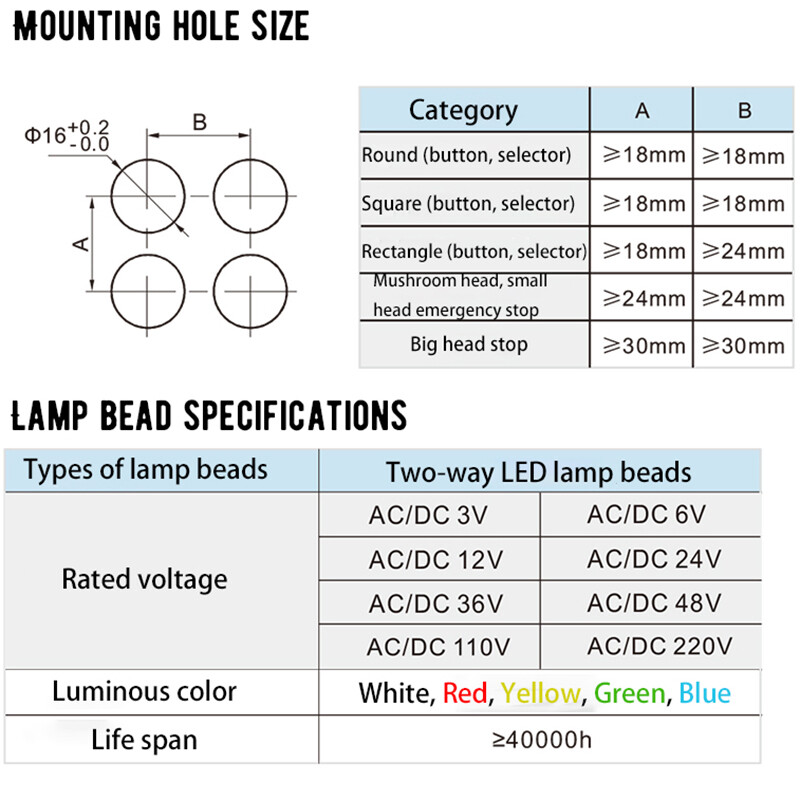 Round Rectangle Push Button Switch LED Light Momentary Latching 16mm 12/24/220V