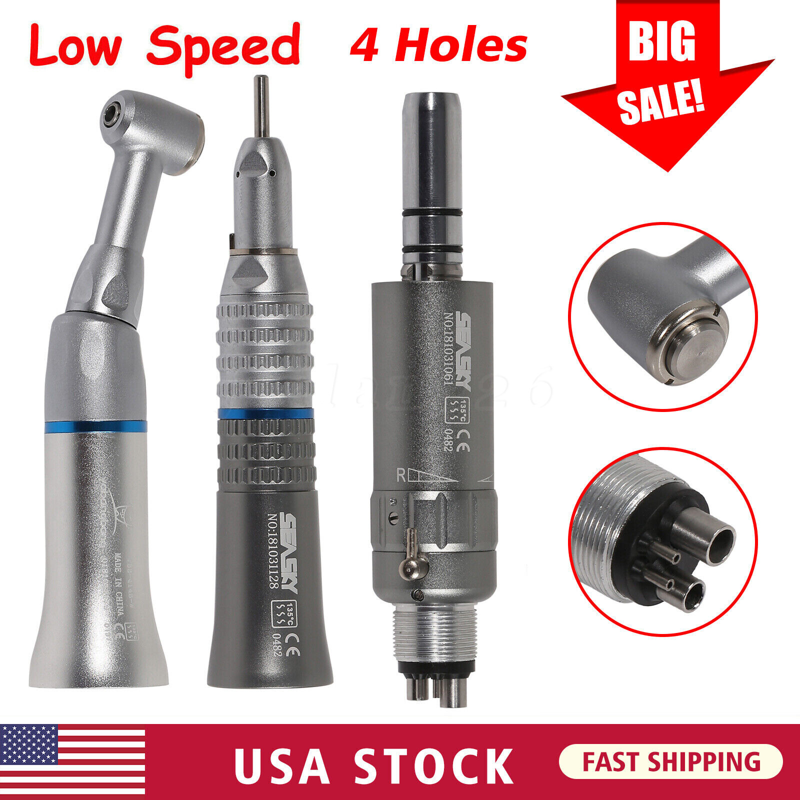 SEASKY Dental Slow Low Speed Handpiece Contra Angle Straight Air Motor 2/4Hole