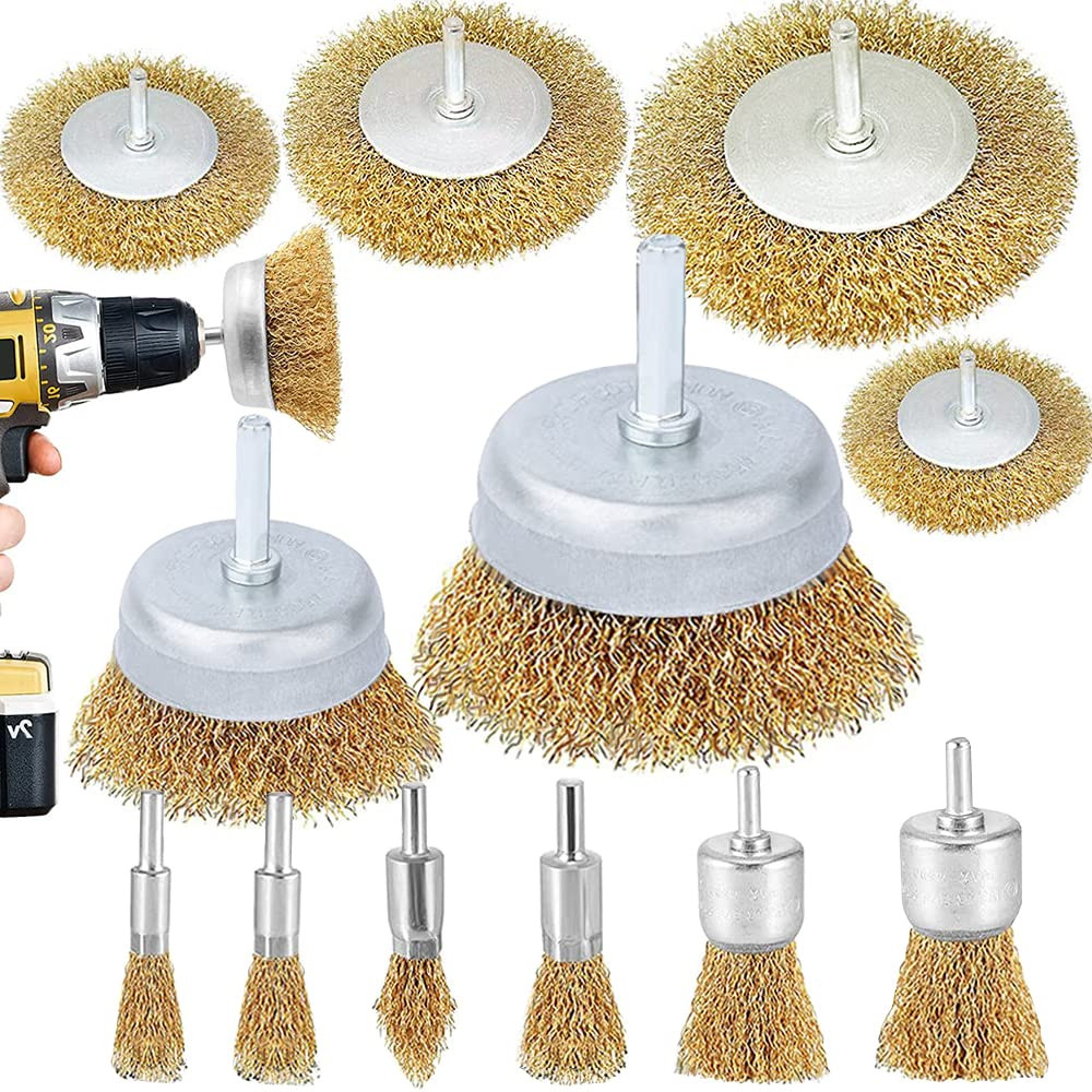 12 Pack 1/4 Inch Hex Shank Brass Wire Wheel Cup Brush Drill Bit Set Attachment