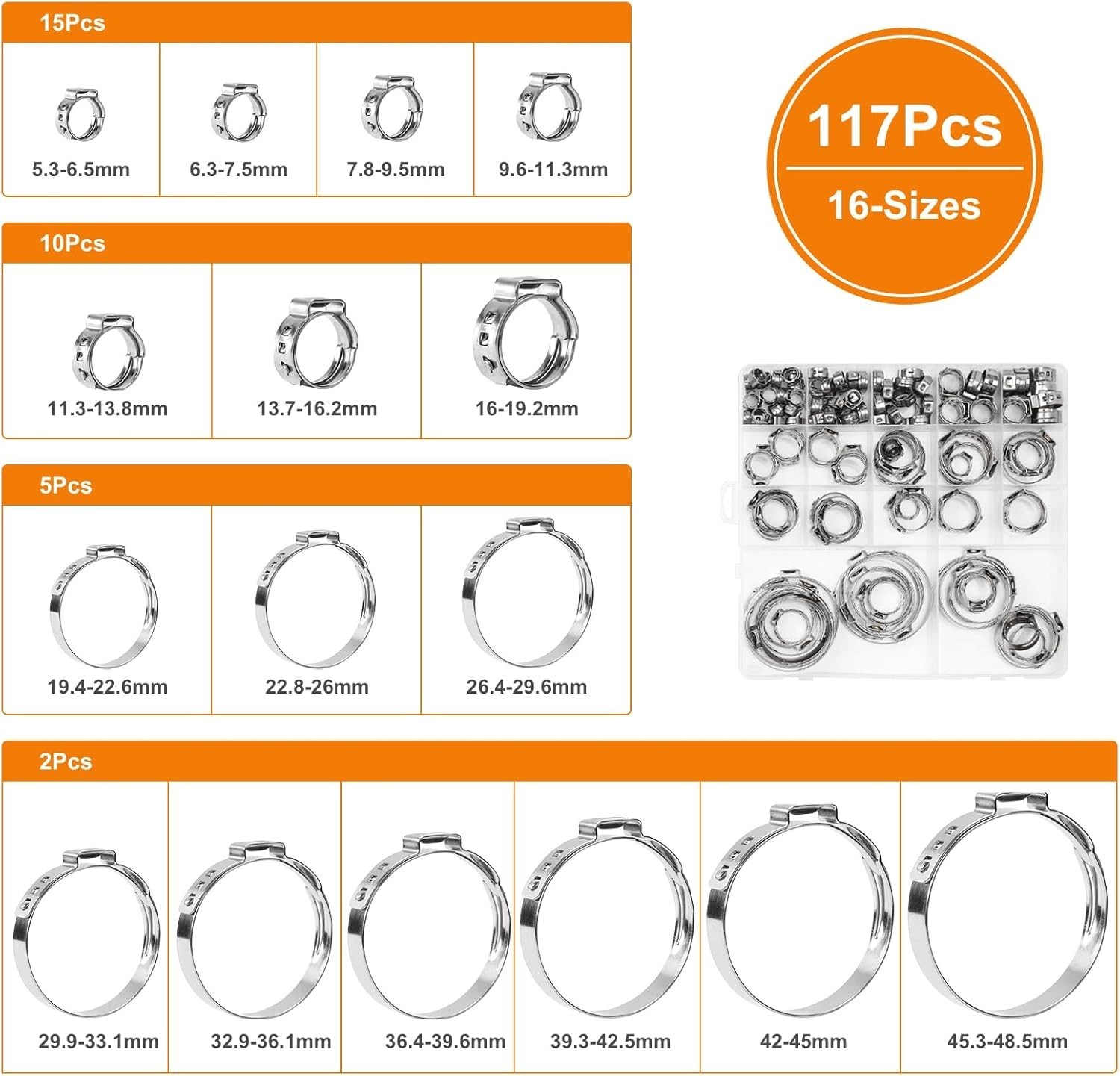 Single Ear Hose Clamps, Oetiker Clamps, 117Pcs(5.3mm-48.5mm) Crimp Pipe 16 Size