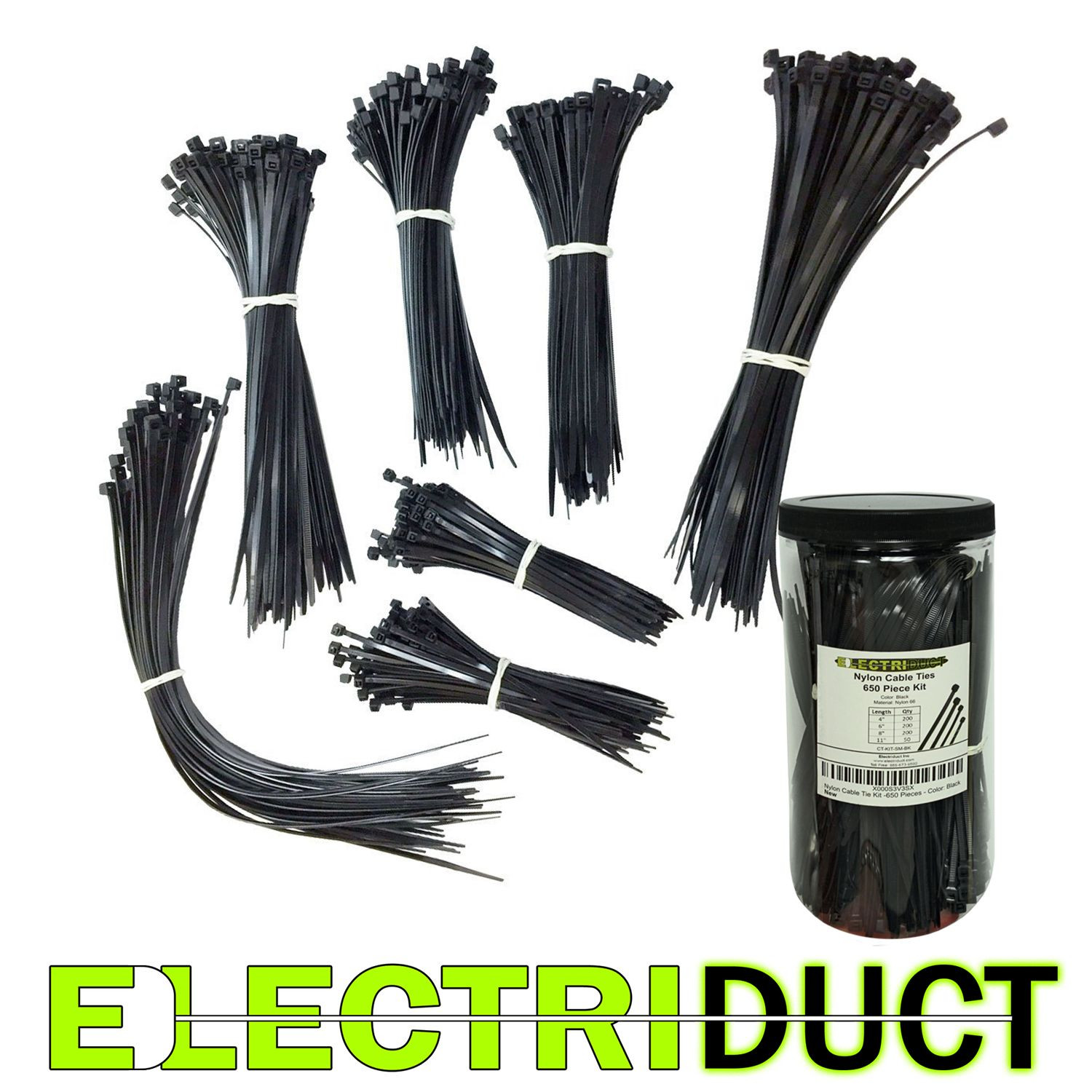 Nylon Cable Ties Kits 650 Pieces – 4″ – 6″ – 8″ – 11″ – Black – Electriduct