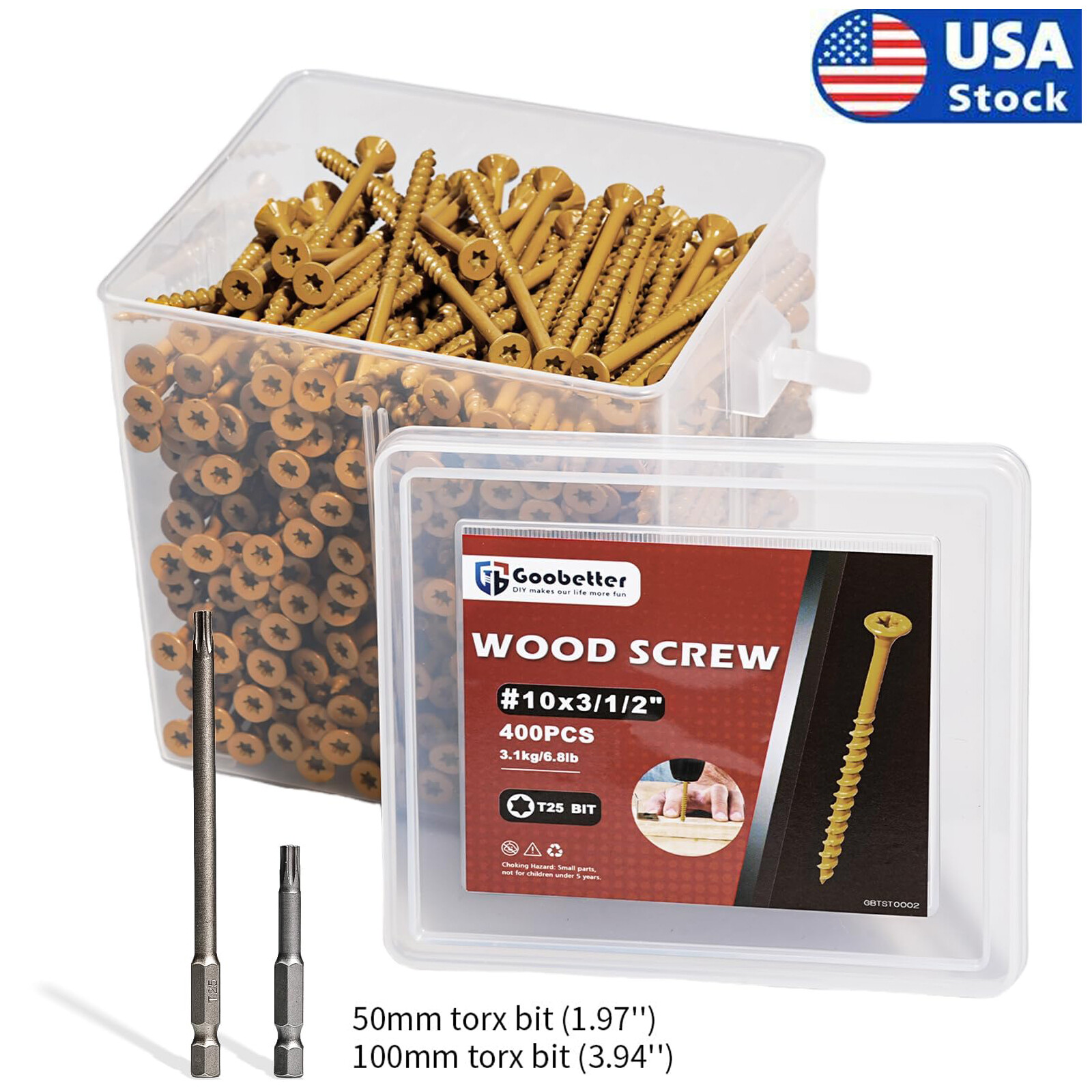 #10×3-1/2″ 400Pcs Wood Screws T25 Torx Drive Self Tapping For Furniture DIY Set