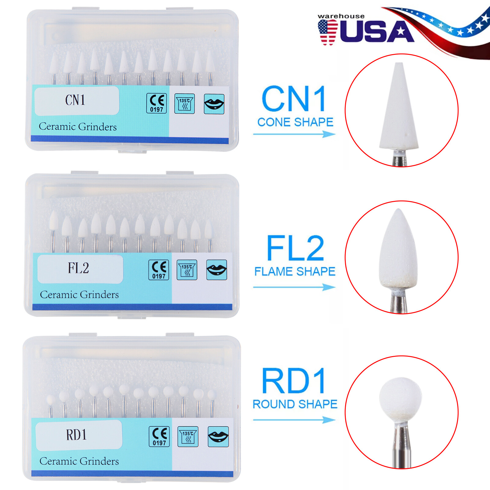 Dental White Stone High Speed Polishing Burs Cone/Flame/Round Aluminum Oxide