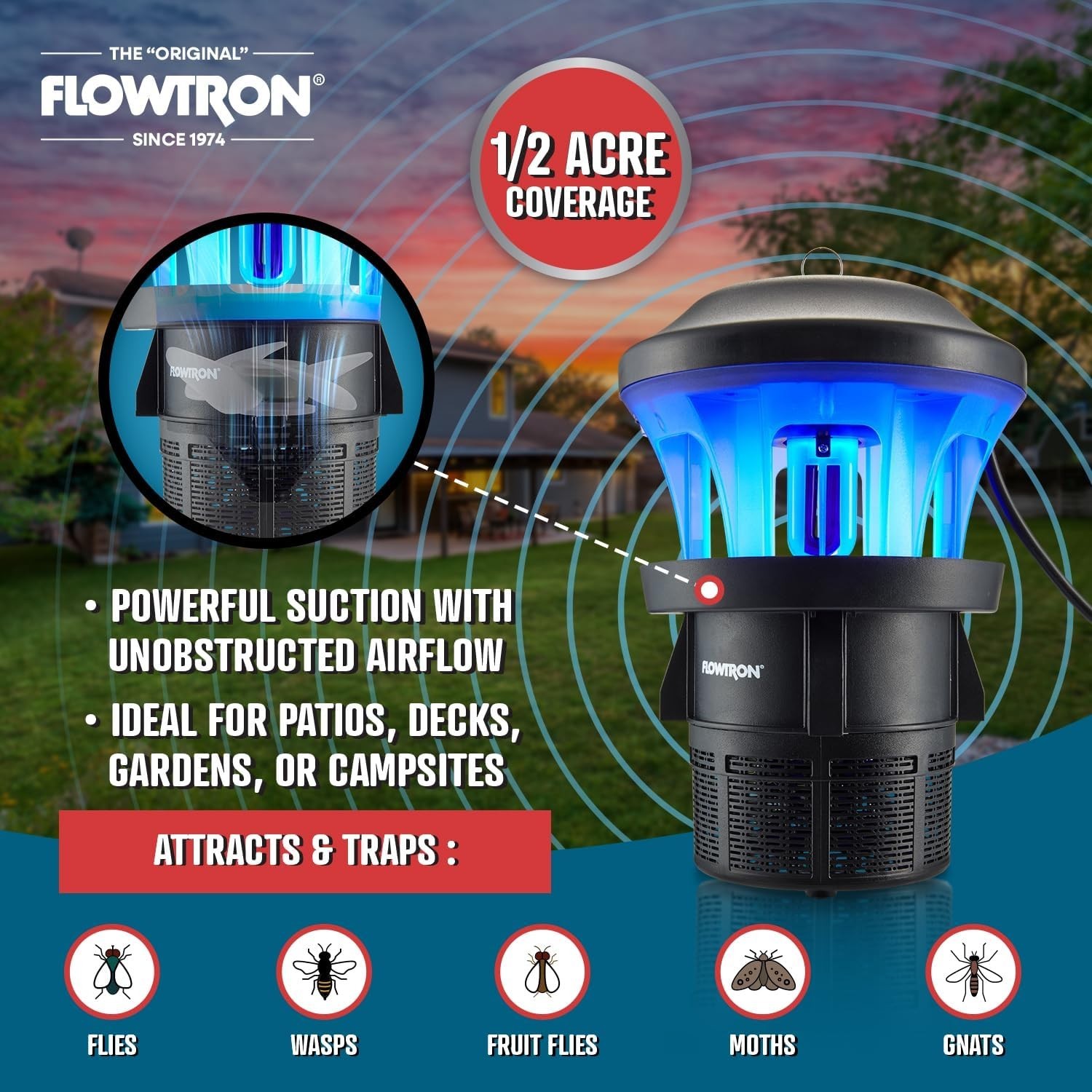Flowtron Outdoor Bug Trap | UV Light & Powerful Fan with ½ Acre Coverage