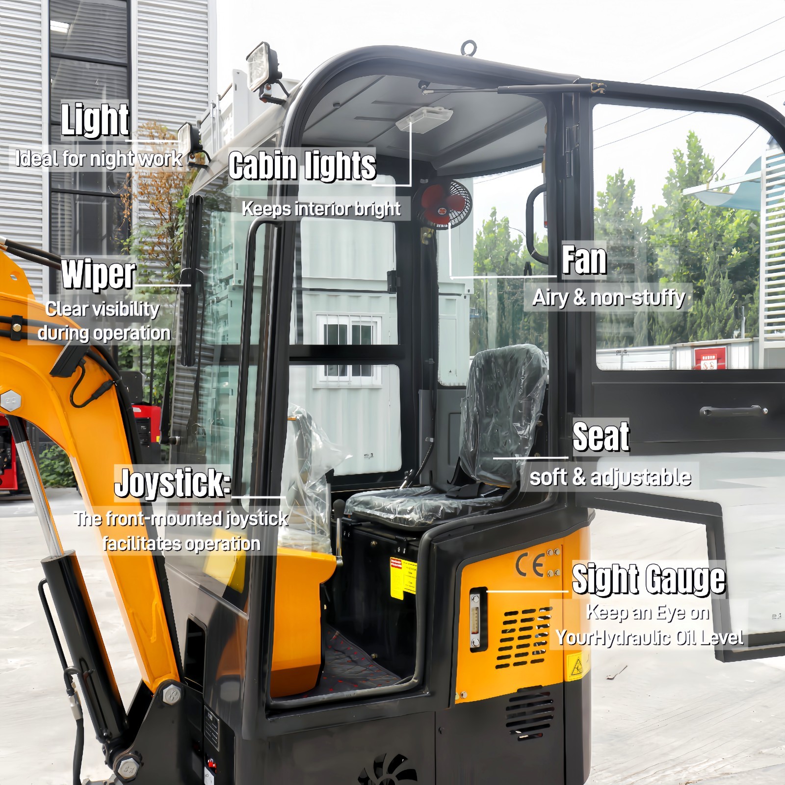 Enclosed cab 1.2Ton Mini Excavator With 9 Attachments Kit 13.5hp Mini Digger