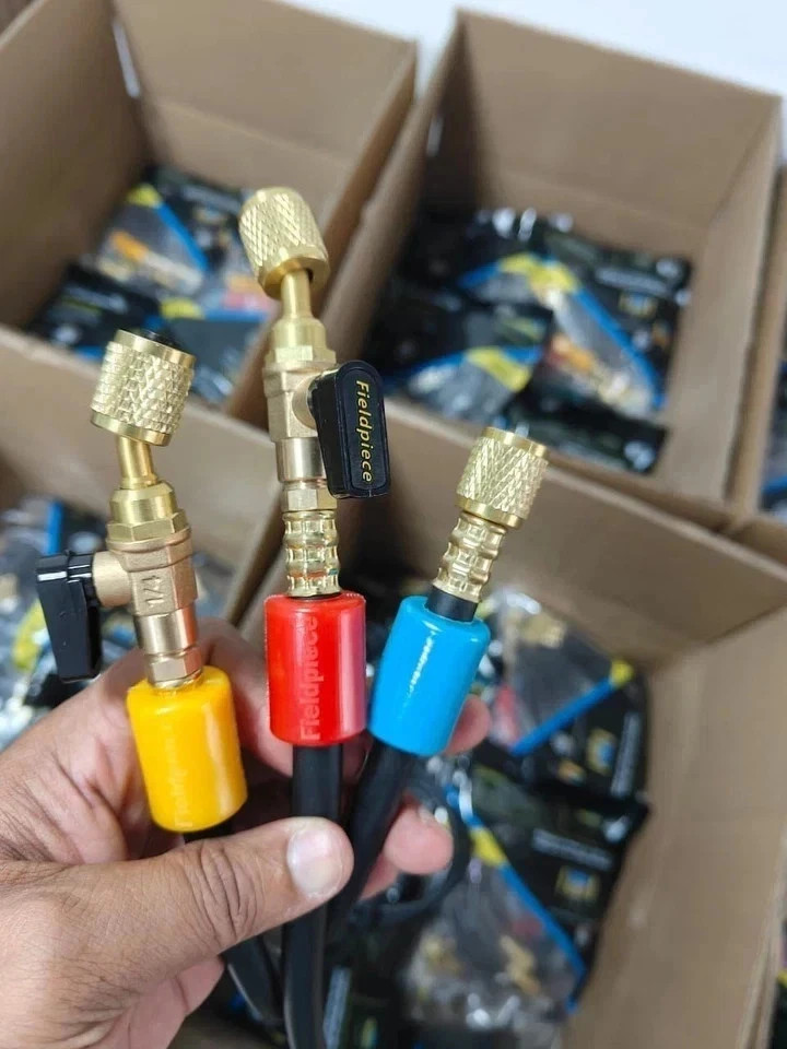 Fieldpiece HR3B Ball Valve Refrigerant Hose Set (3) w/ Color Tags 1/4″ x 1/4″
