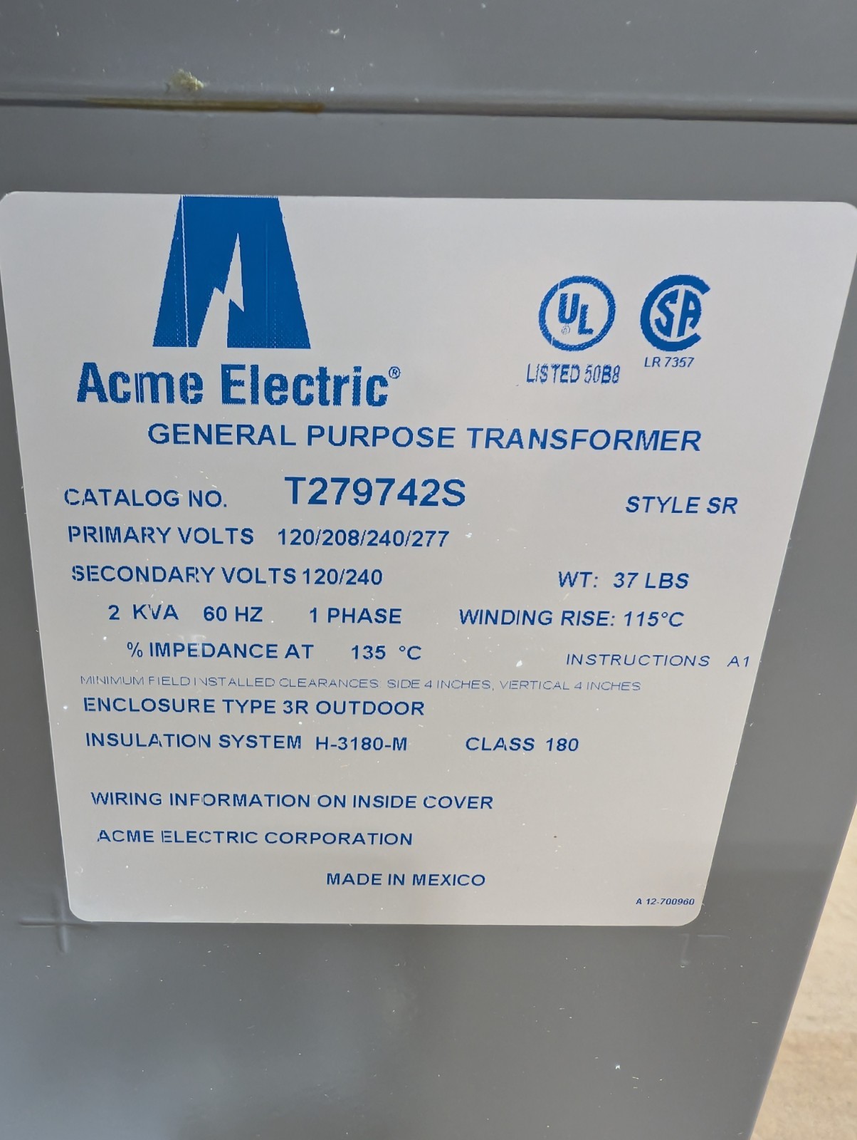 Acme Electric T279742S Distribution Transformer 120/208/240/277V 2 KVA Dry Type