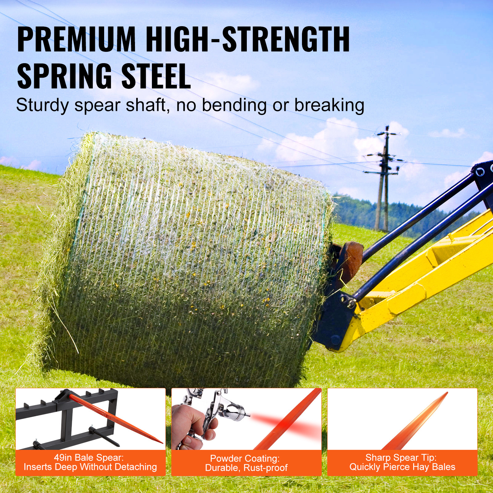 VEVOR 49″ Hay Spear Bale Spears Skid Steer Loader Tractor Attachment 1600lbs
