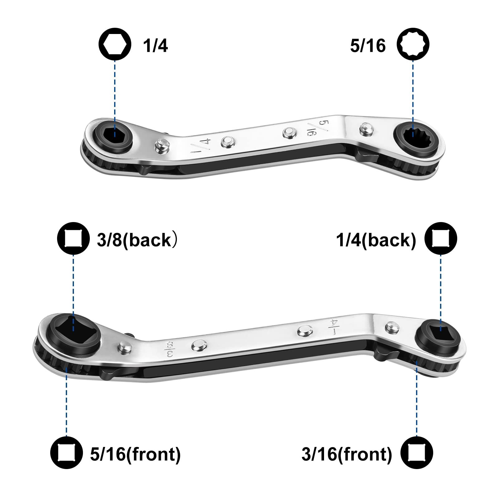 2PCS HVAC Service Wrench 3/16″, 1/4″, 5/16″, 3/8″, with Hex Bit Adapter