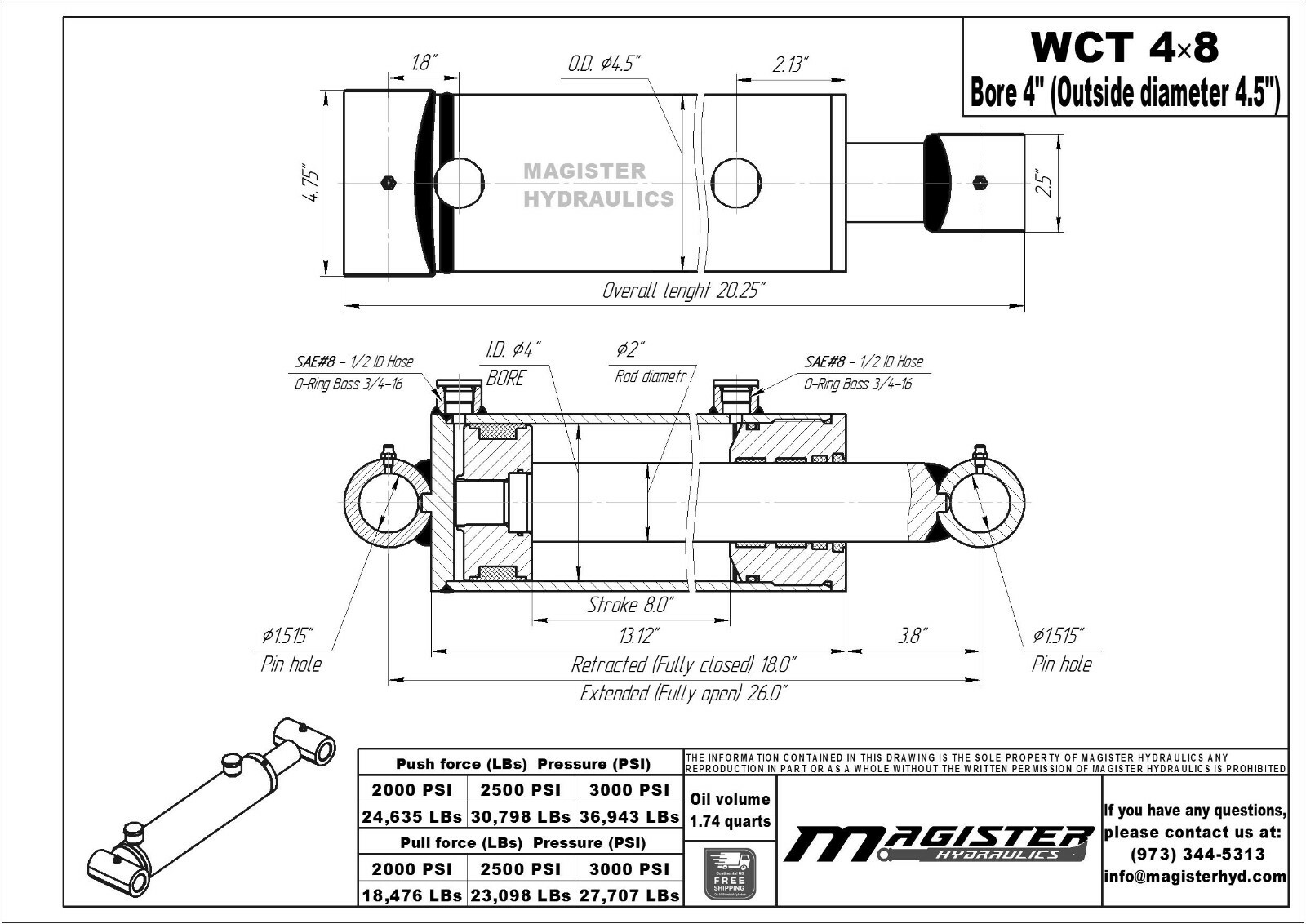 Hydraulic Cylinder Welded Double Acting 4″ Bore 8″ Stroke Cross Tube 4×8 NEW