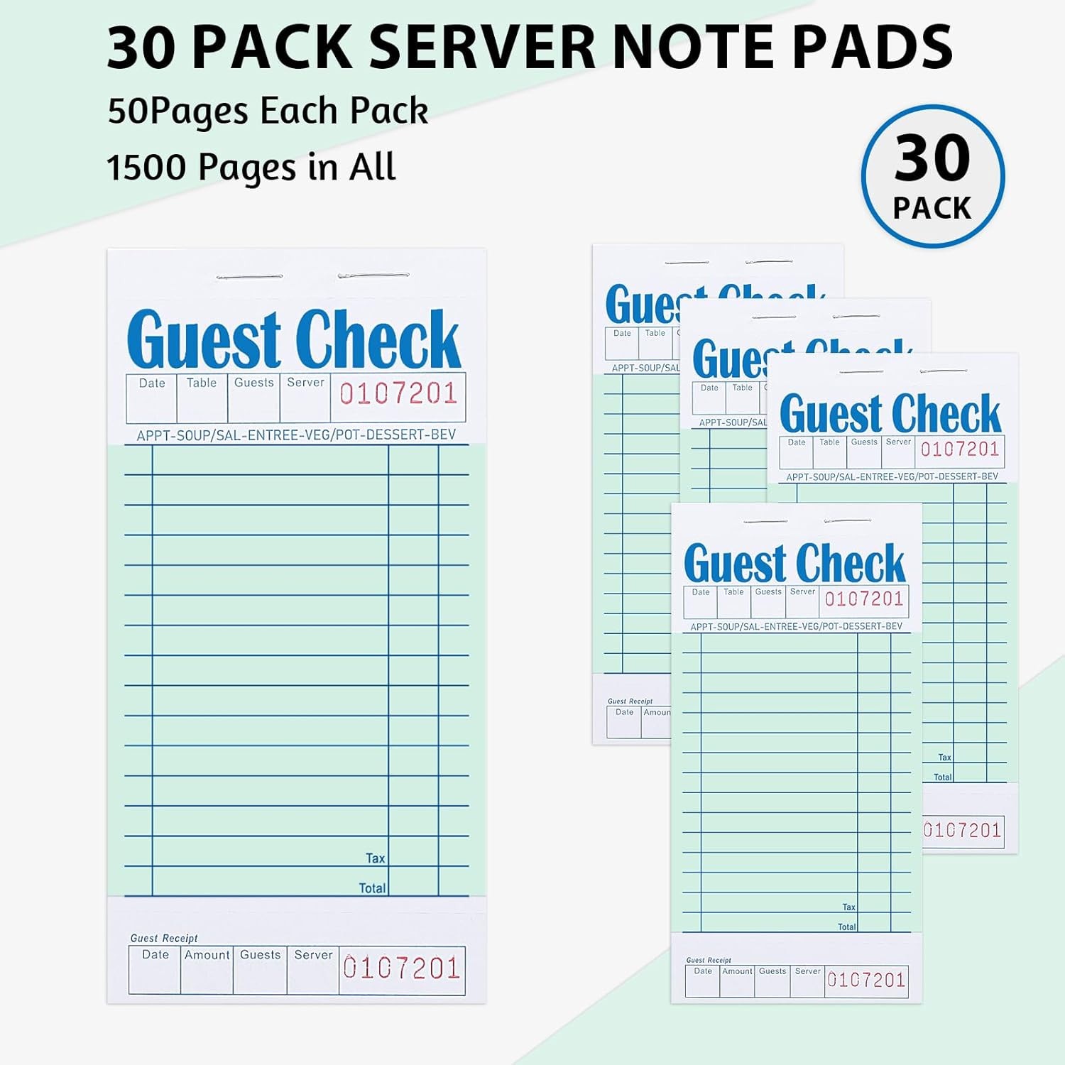 30 PACK – Guest Checks for Servers (1500 Sheets) Std, Numbered W/Bottom Receipt