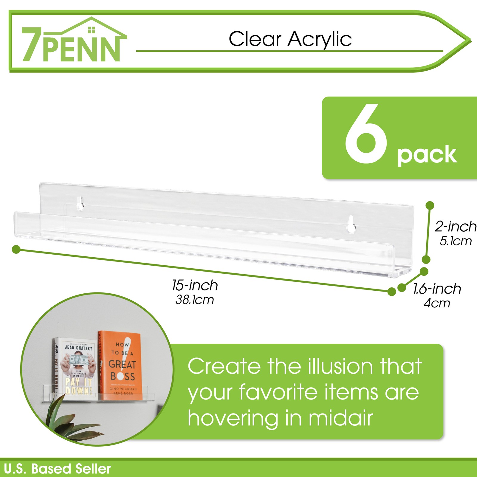 7Penn Floating Book Display Shelves – 6pk 15in Clear Acrylic Shelves for Wall