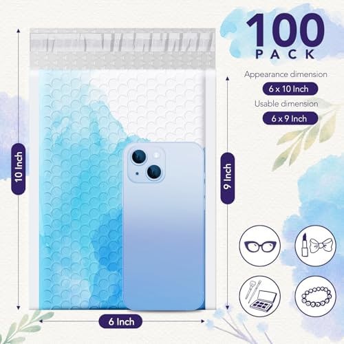 Fuxury Bubble Mailers 6×10″ Blue Watercolor Small Padded Envelopes 100 Pack U…