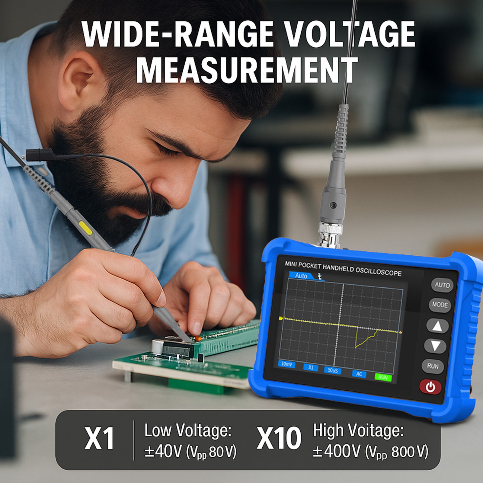 Handheld Digital Oscilloscope, 500kHz Bandwidth, 2.5MS/s, 2.8″ LCD, Auto Setup