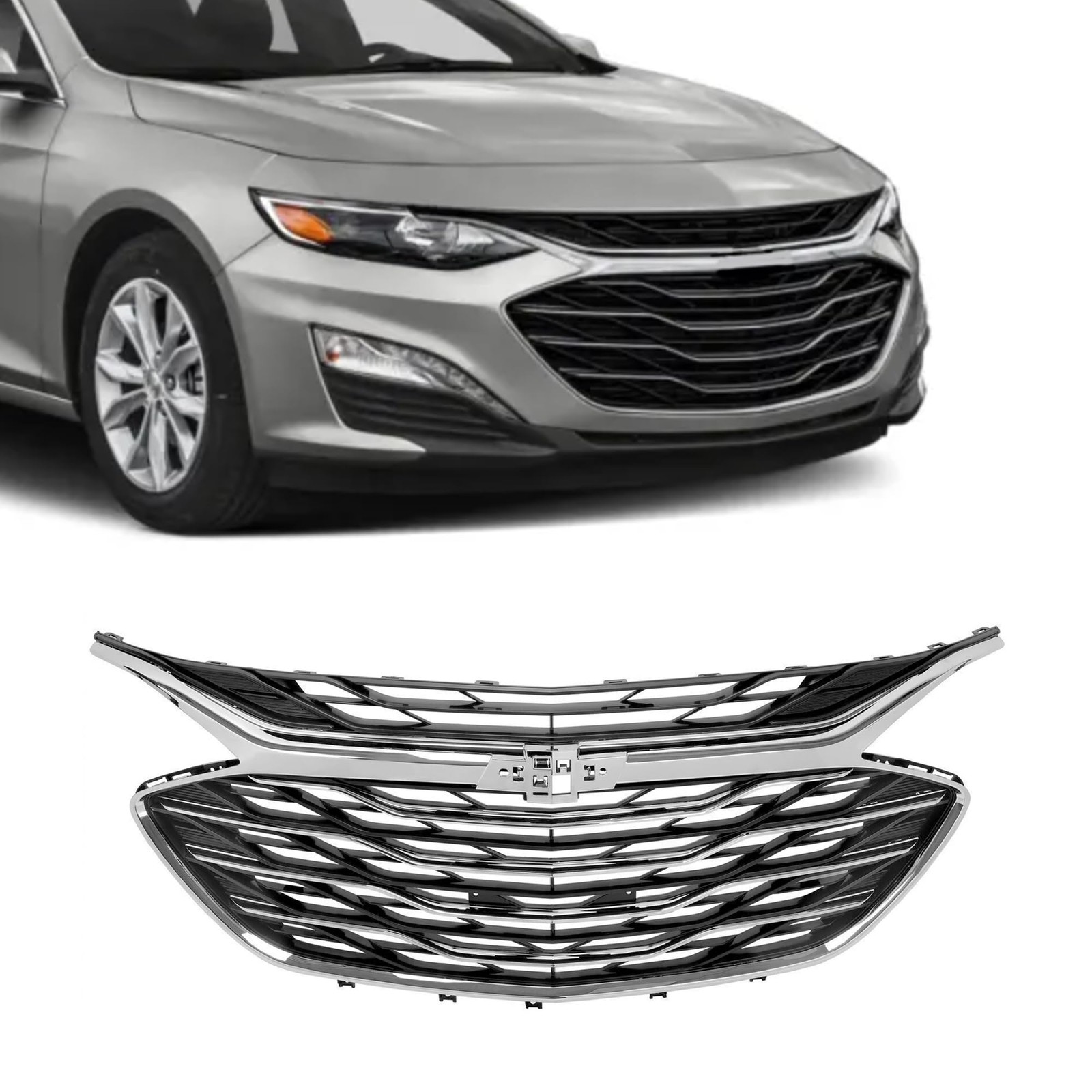 3PCS Front Upper Grille Lower Grill Chrome Molding For 2019-2023 Chevy Malibu