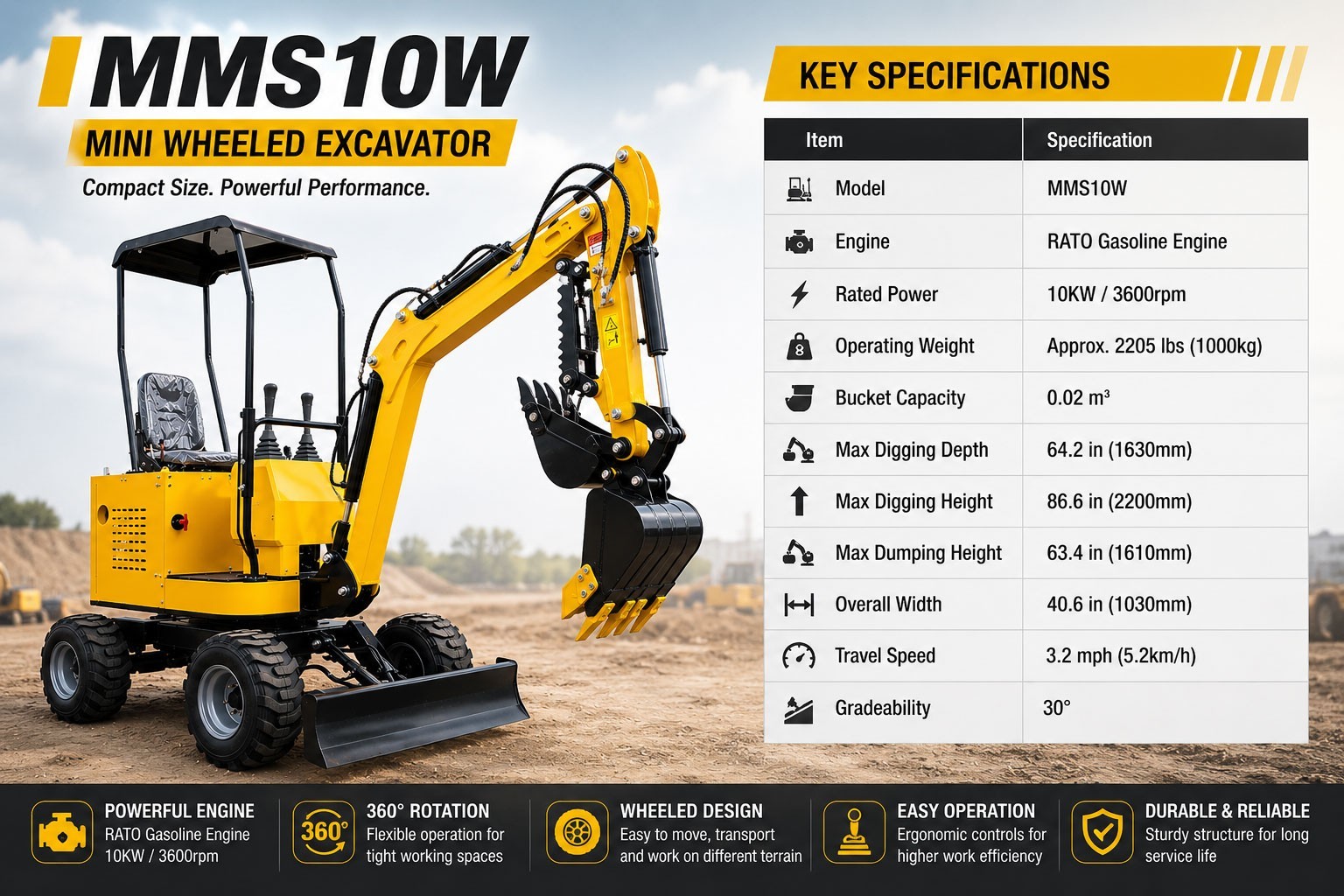 1 Ton Mini Wheel Excavator Mechanical Thumb RATO Engine Compact Digger US Stock