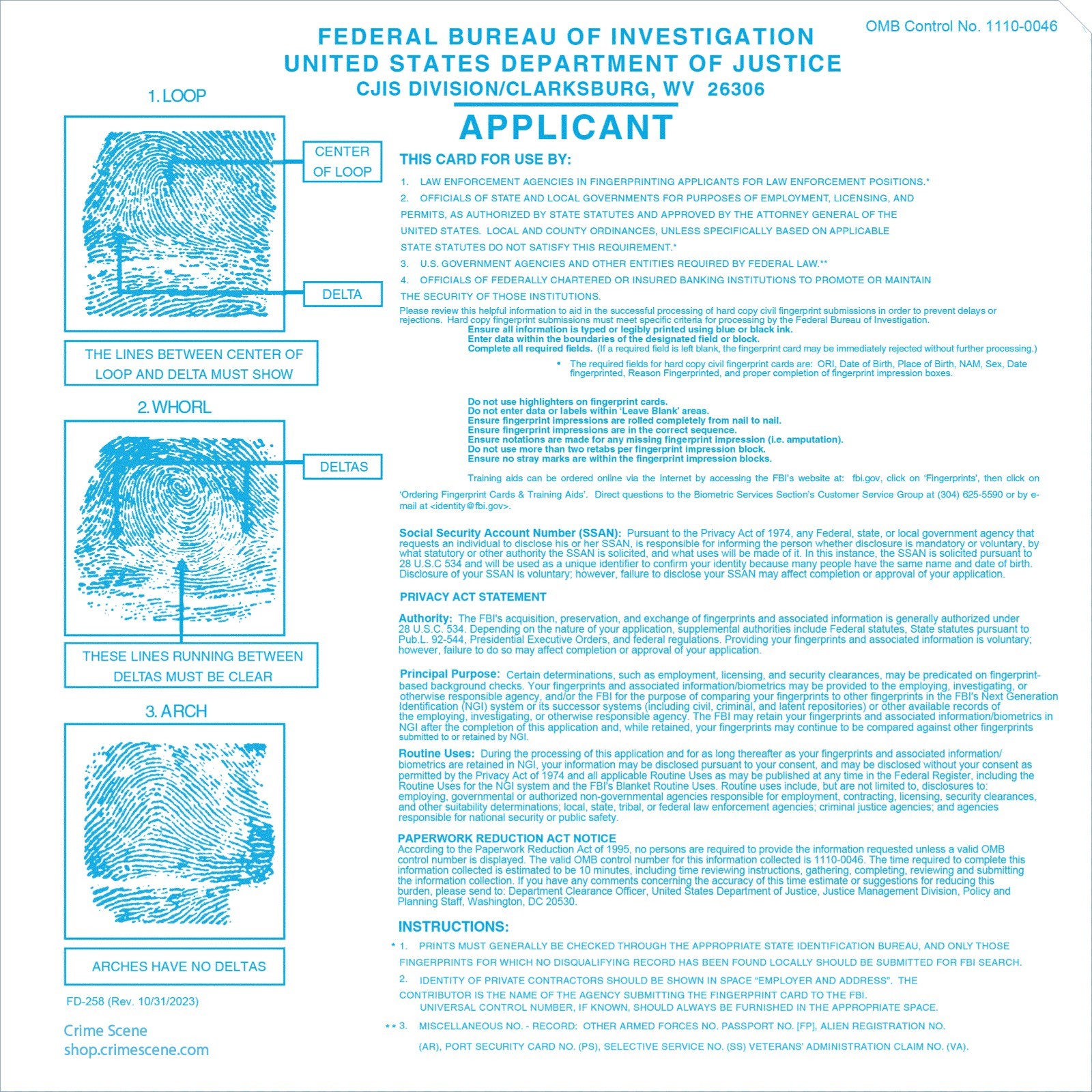 FD-258 Fingerprint Cards, Applicant – 250 Pack NEWEST REVISION 11-1-20