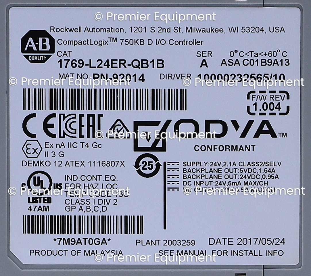 * ALLEN BRADLEY 1769-L24ER-QB1B /A COMPACTLOGIX 5370 750KB D I/O CONTROLLER
