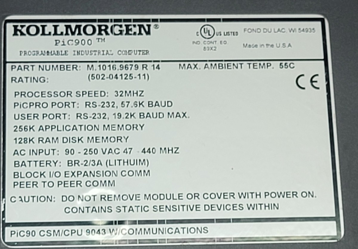 Kollmorgen PiC900 Industrial Computer M10172284 R3 + CSM-CPU + ETHERNET-TCP/IP