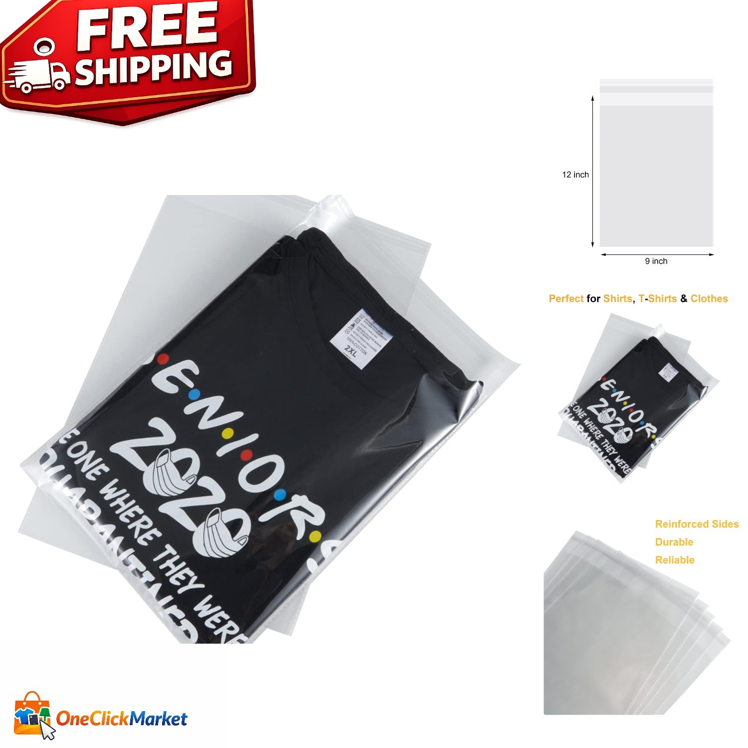 50pcs 9×12 Clear Resealable Poly Bags – Ideal for Clothing & T-Shirt Packaging