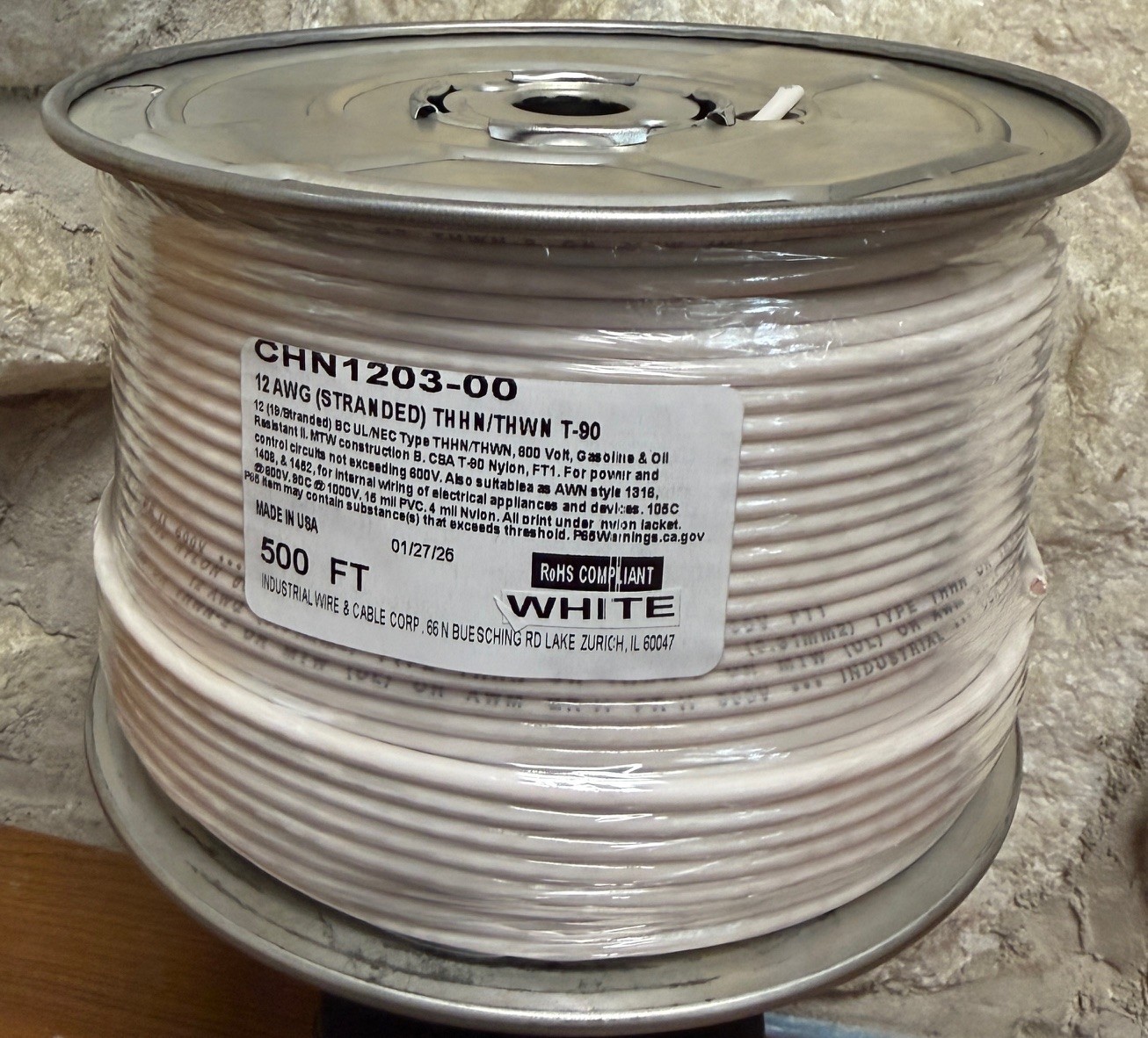 500 FT THHN/THWN WIRE. 12AWG STR BC 600 VOLT. MADE IN USA.WHT,ORG,BLK,orRED