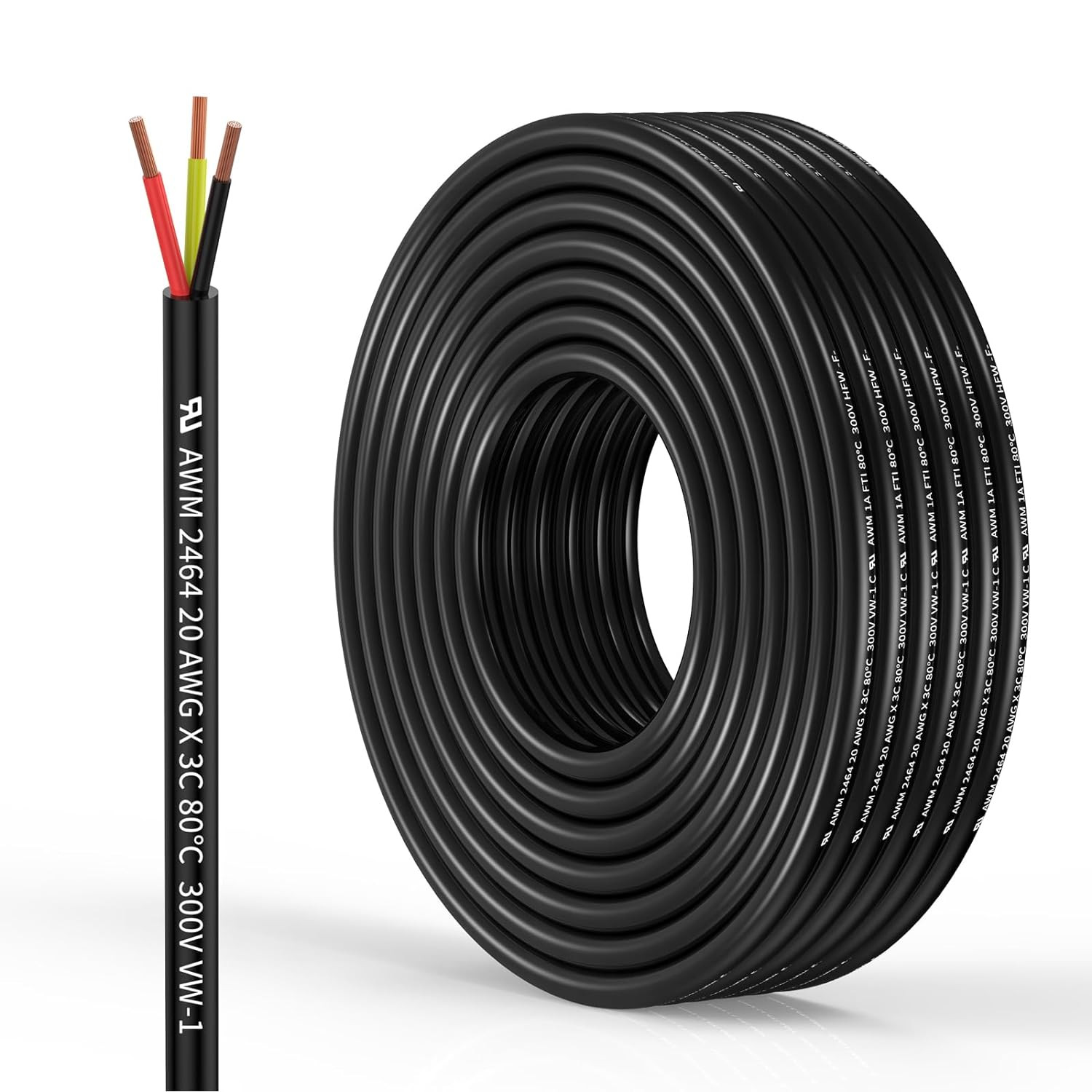 20 Gauge 3 Conductor Electrical Wire Oxygen-Free Copper Cable 50FT/15.3M Flexibl