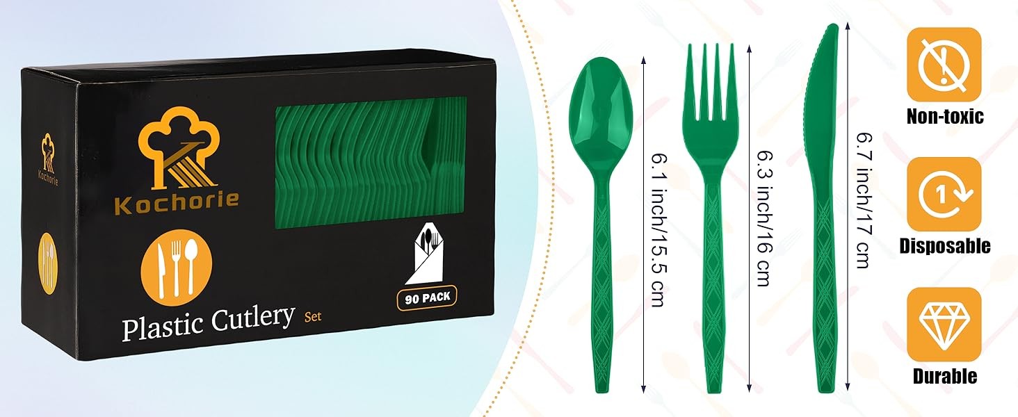 90 Pieces Dark Green Plastic Cutlery Set Disposable Plastic Utensils Heavy Duty