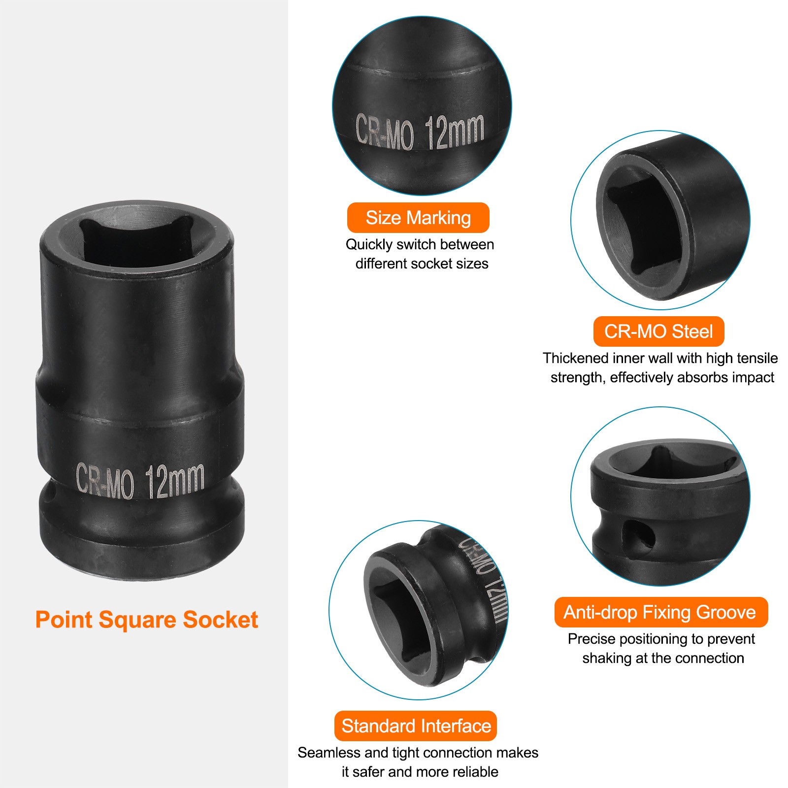 4 Point Square Socket 1/2″ Drive 12mm Metric CR-MO Square Impact Wheel Socket