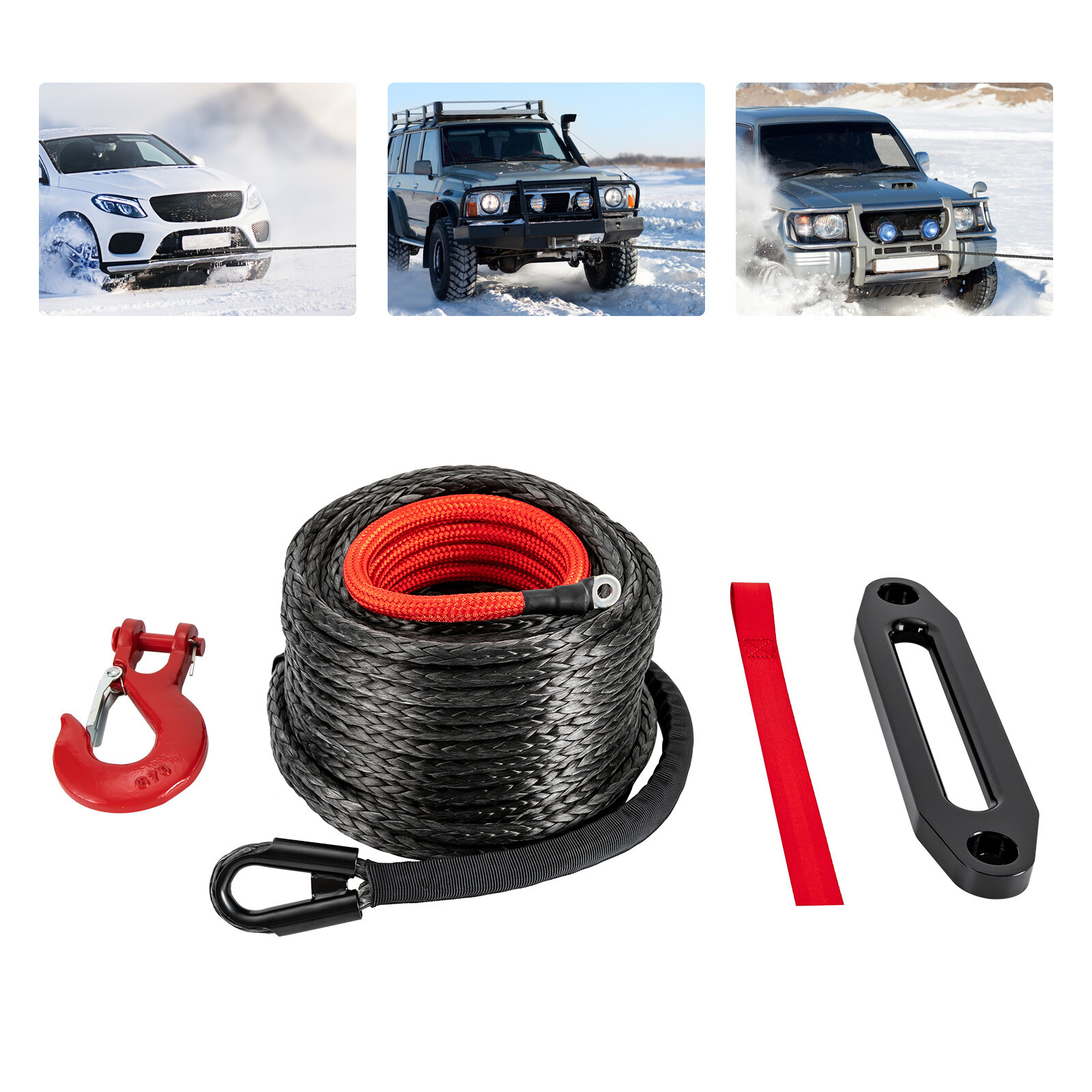 Lightweight Synthetic Winch Rope with Hook – 23809 lbs Breaking Strength