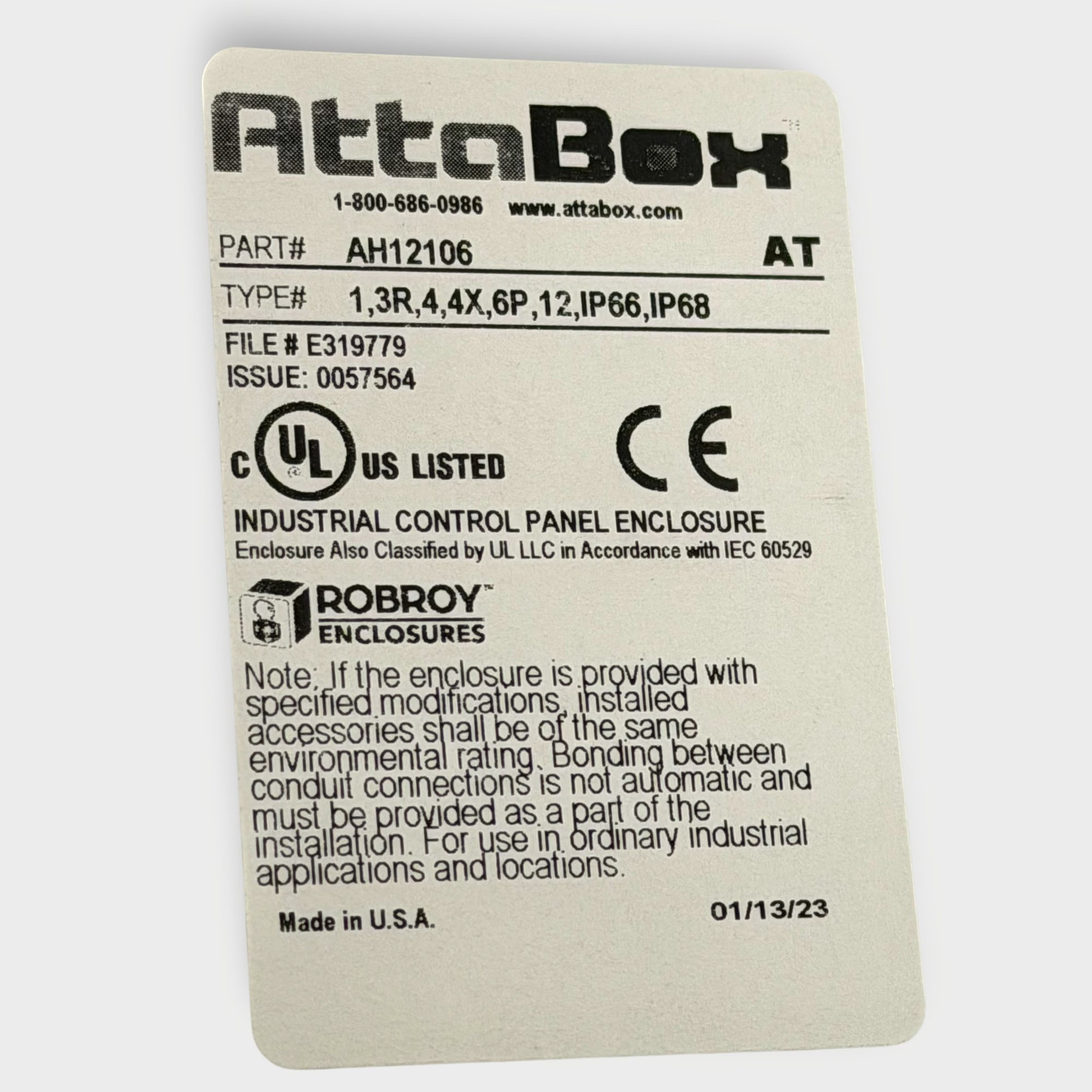 AttaBox Robroy AH12106 Hinged Polycarbonate Watertight Enclosure 12″x10″x6″ *NEW