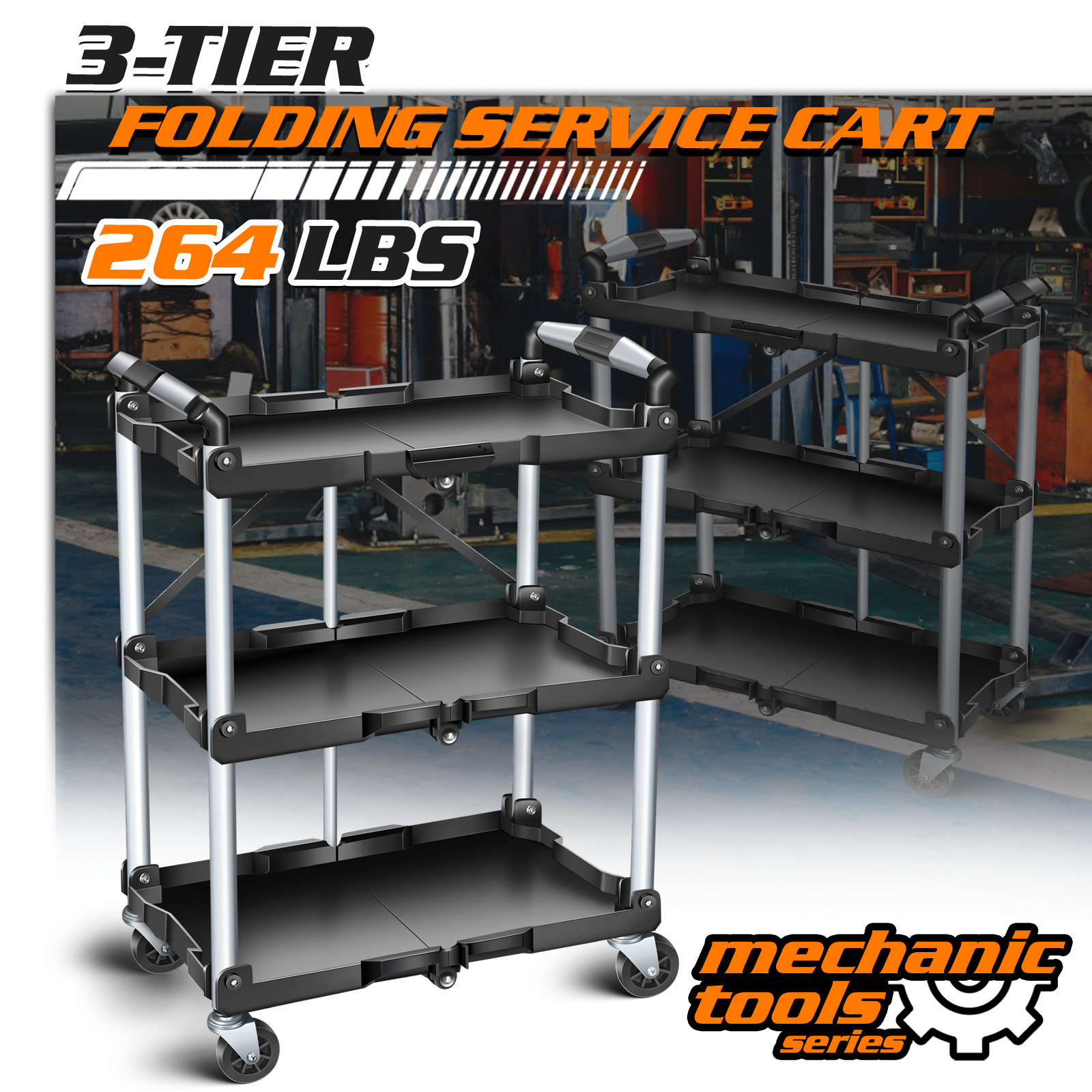 3 Tiers Rolling Tool Cart Workshop Tool Trolley Mobile Casters w/ Hanging Board