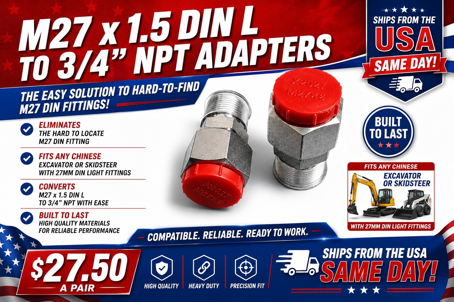Chinese Excavator or Mini Skid M27 x 1.5 DIN L to 3/4″ NPT Adapter Fittings Pair